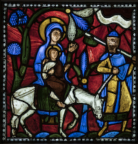 Artist/maker unknown, French. The Flight into Egypt, from the Infancy of Christ Window, from the Abbey Church of St. Denis, France. Stained glass, circa 1145. 20 1/2 by 19 3/4in (52.1 by 50.2cm). On loan from Glencairn Museum, Bryn Athyn, Pennsylvania.