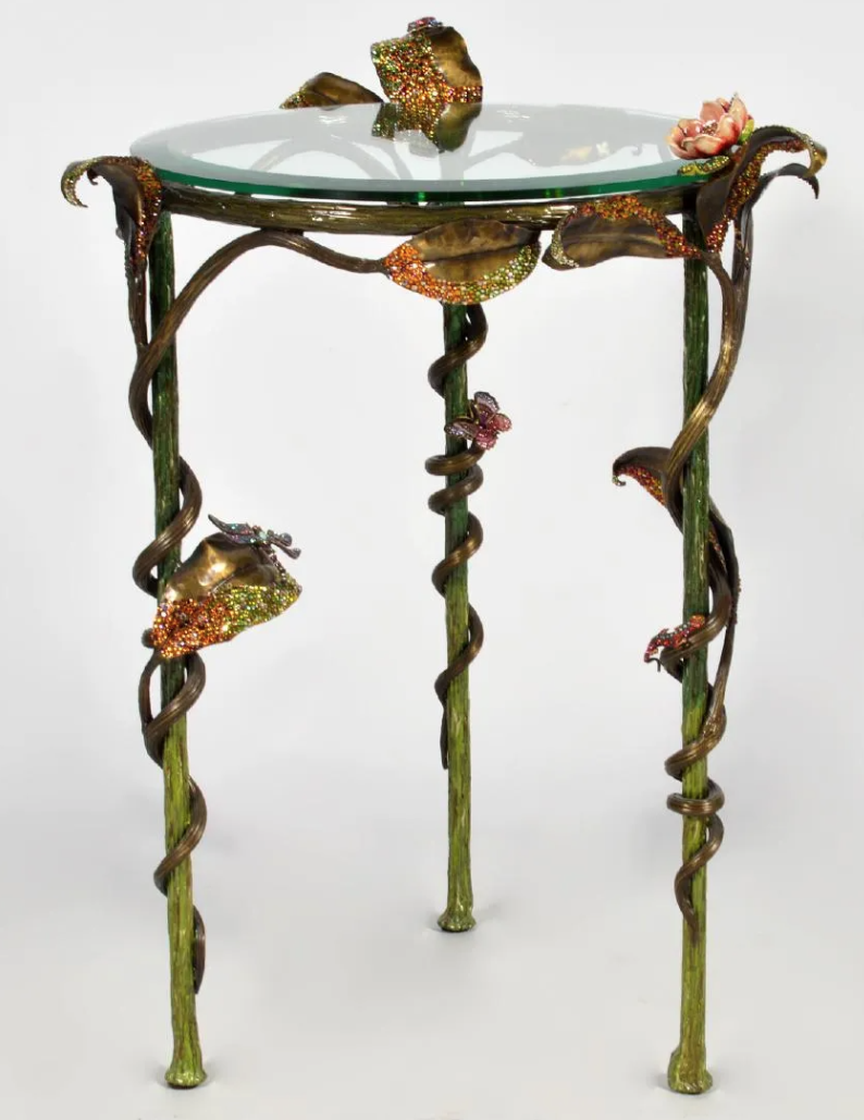 An enameled and jeweled glass-top occasional table by Jay Strongwater realized $3,500 plus the buyer’s premium in October 2018. Image courtesy of Abington Auction Gallery and LiveAuctioneers.