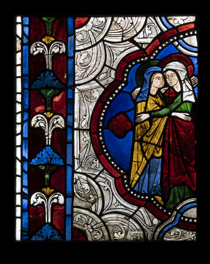Artist/ maker unknown, French. The Visitation, from the Church of St. Radegonde, Poitiers, France. Stained glass, circa 1270-1275. 30 1/2 by 23 7/8in (77.5 by 60.6cm). On loan from Glencairn Museum, Bryn Athyn, Pennsylvania.