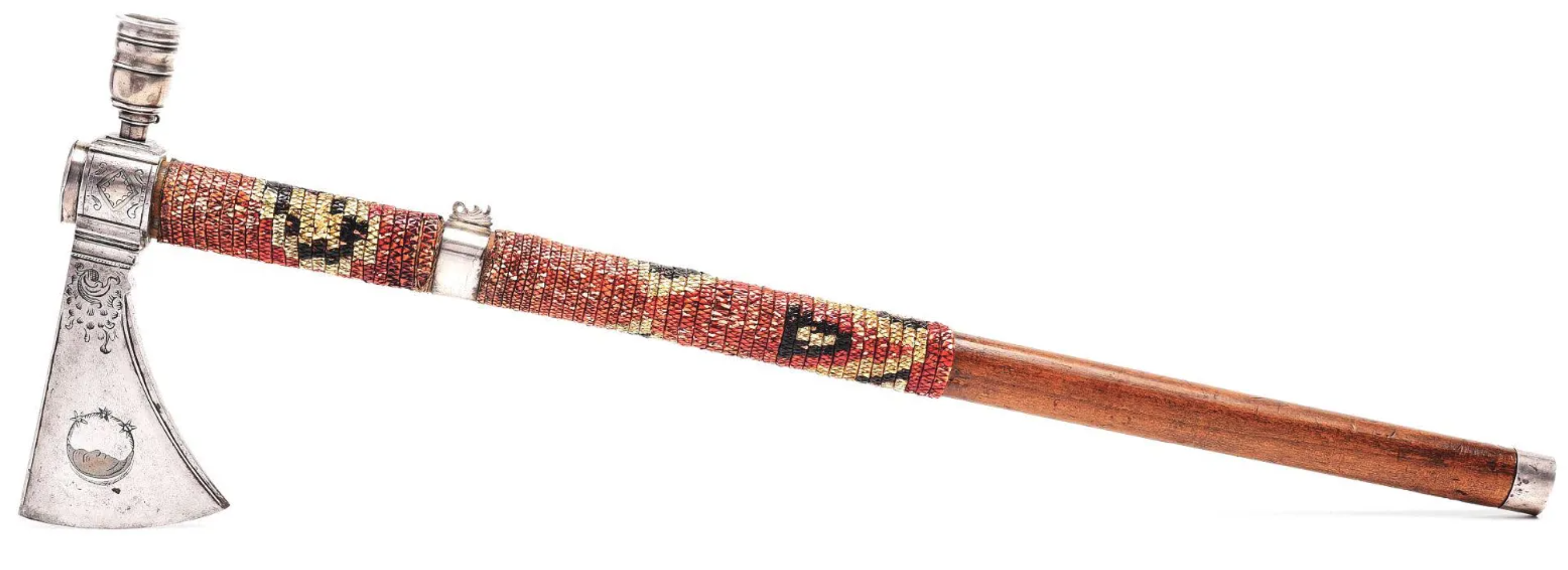 A silver-mounted and inlaid American Revolutionary War tomahawk, taken from a captured combatant and brought back to England as a war trophy, sold for $540,000 plus the buyer’s premium in May 2020. Image courtesy of Dan Morphy Auctions and LiveAuctioneers.