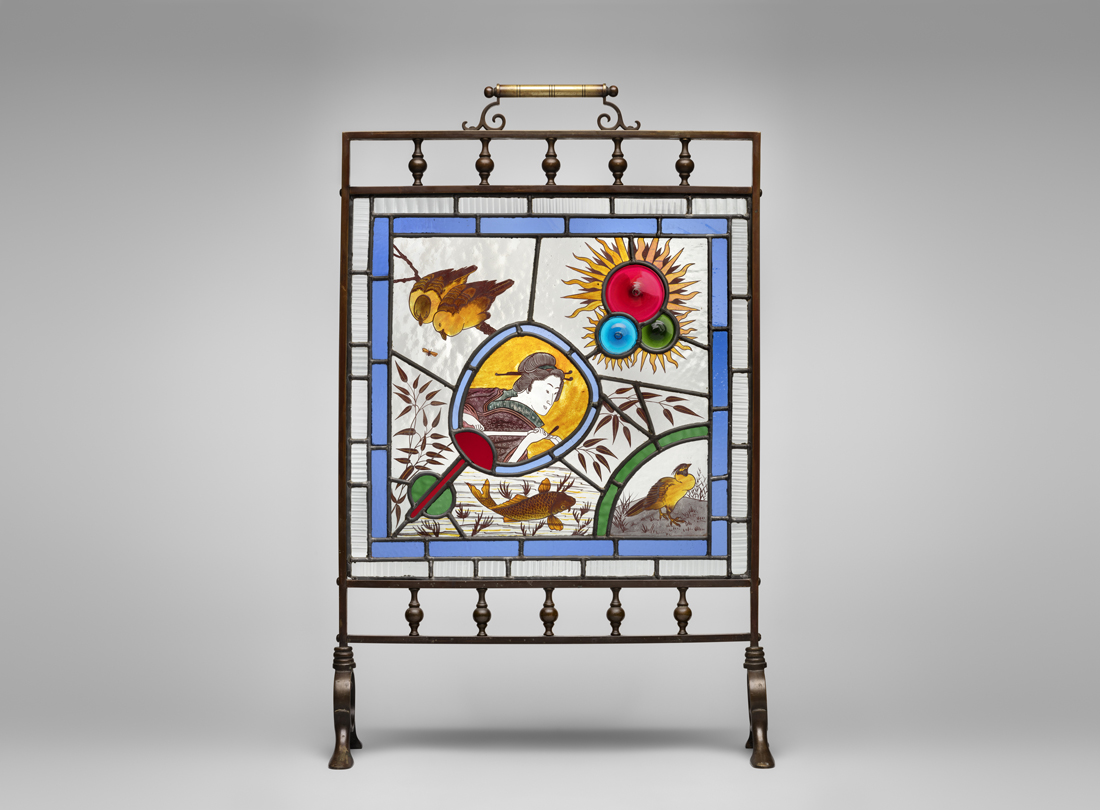 Hand-painted fire screen, circa 1880. Unknown manufacturer, England, glass, metal, paint. Courtesy of Brian D. Coleman, L2022.0404.004
