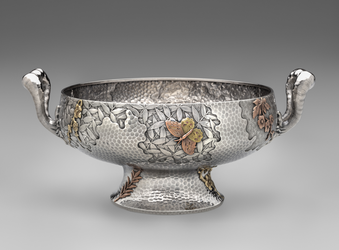 Footed dish, 1880. Dominick & Haff, New York, sterling silver, mixed metal. Private collection, RT19. L2022.0403.016