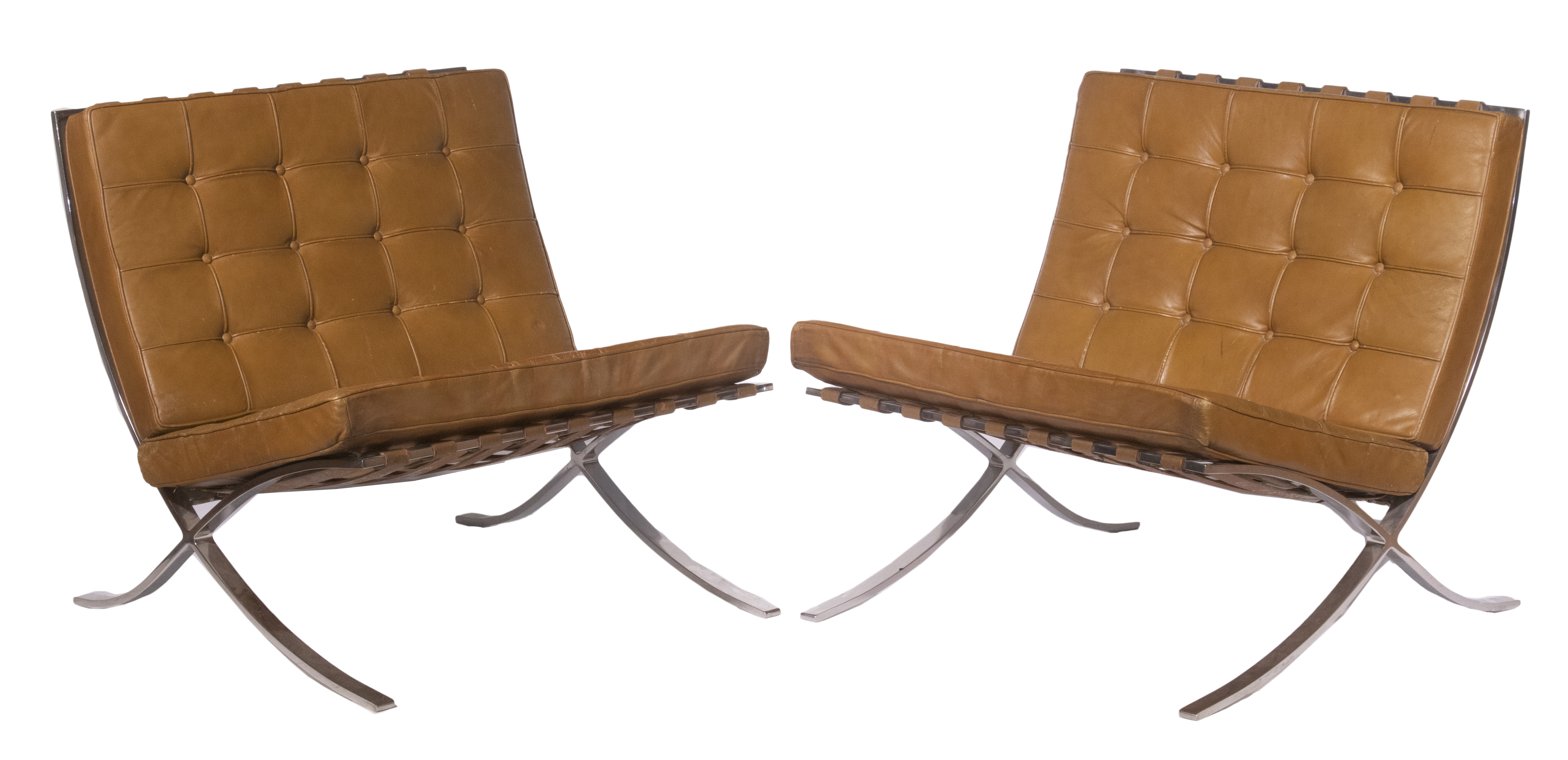 Pair of vintage leather Barcelona chairs by Mies Van Der Rohe for Knoll, est. $2,000-$3,000