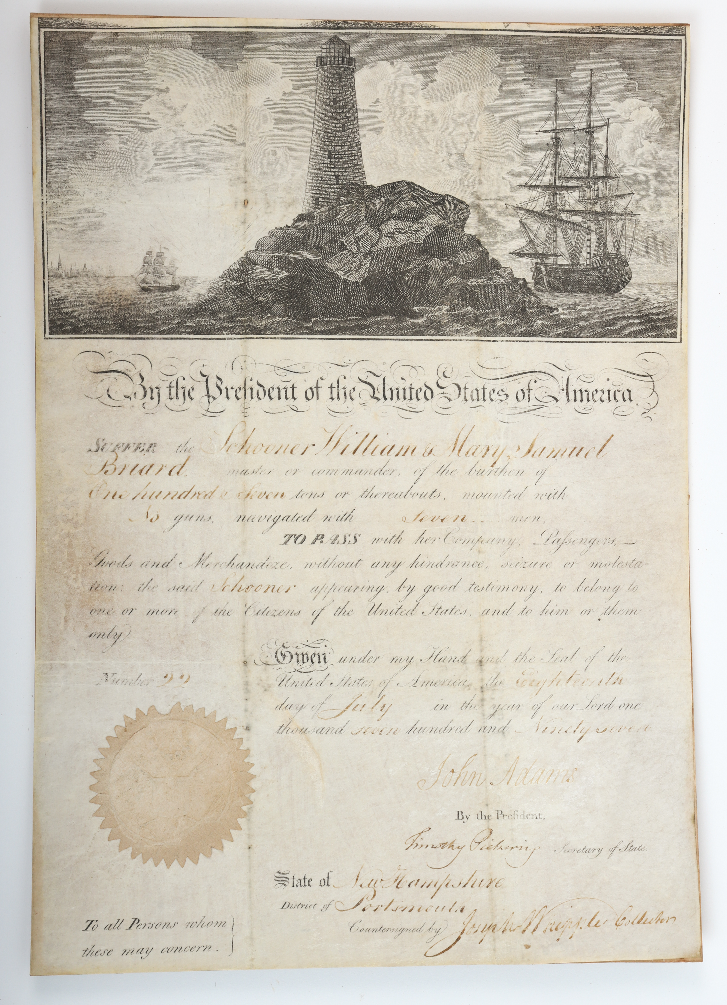 Ship’s passport signed by President John Adams in 1797, est. $50-$500