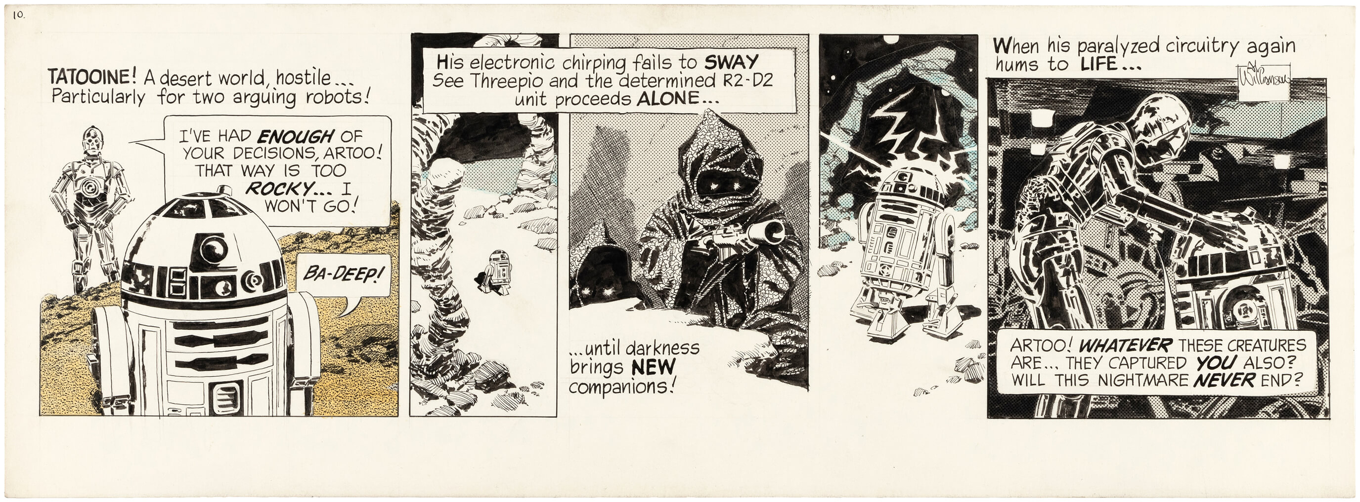 One of six consecutive lots of Al Williamson (1931-2020) original, unpublished concept art that preceded the ‘Star Wars’ daily newspaper comic strip (which was ultimately written and drawn by Russ Manning and ran from 1979-1984). Of 12 proposal strips created by Williamson, the first six were given to George Lucas, and the other six were given to Star Wars marketing genius Charles Lippincott, whose widow has consigned them to Hake’s. Each is absolutely fresh to the market, and each is estimated at $10,000-$20,000. Image courtesy of Hake’s Auctions