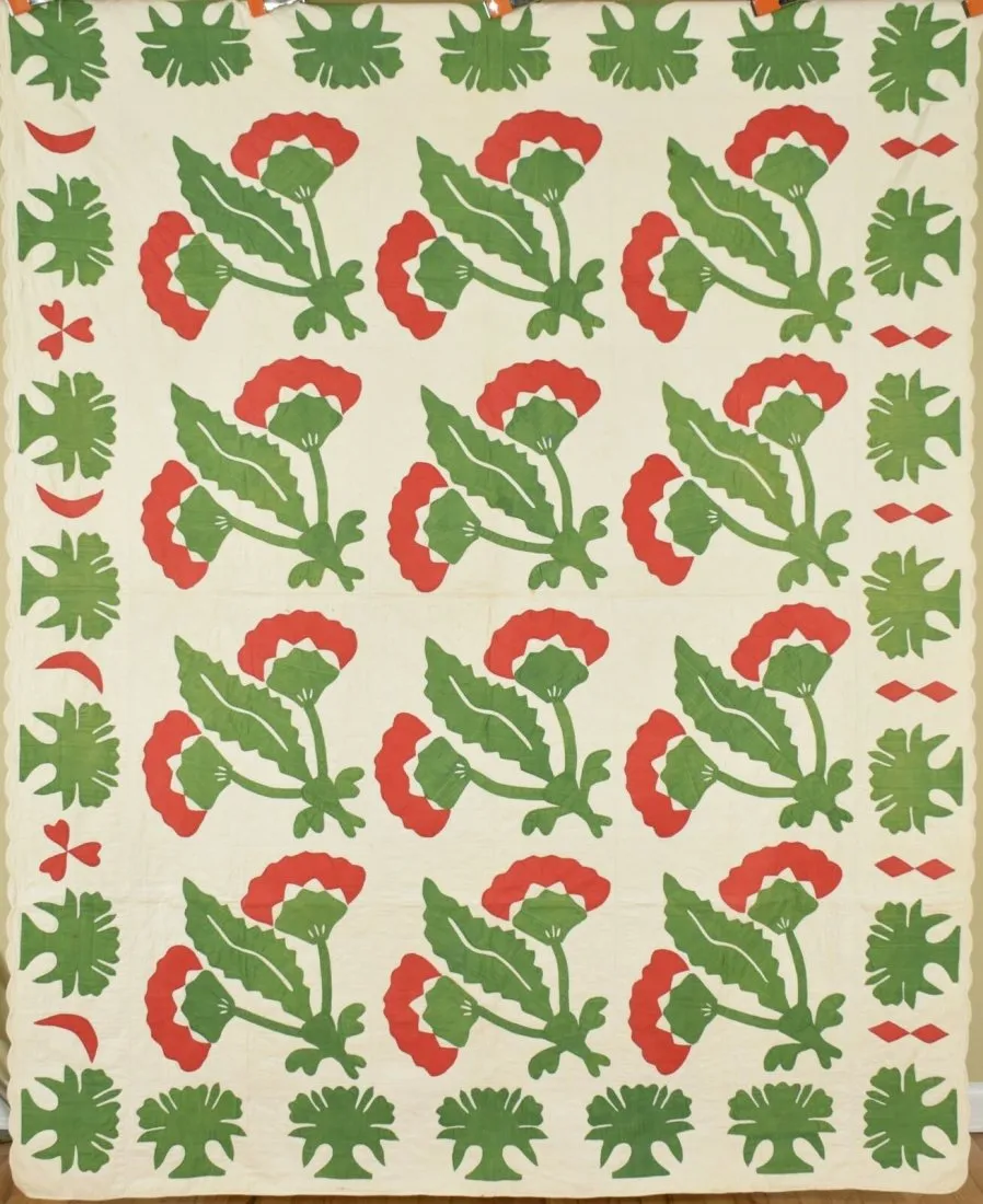 Circa-1850s red, green and white coxcomb quilt, est. $2,000-$2,500