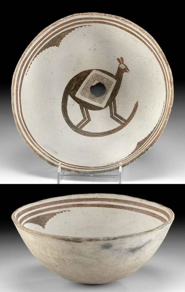Circa-950-1200 CE Mimbres Valley (New Mexico) pottery bowl with hand-painted image of a feline or racoon-like animal and having an attractive interior rim decoration of interlocking lines. Used to cover the face of a deceased person, featuring what is described as a ‘kill hole’ to allow their soul to pass through to the spirit world. Size: 10in diameter by 4.5in high. Provenance: Niwot, Colorado private collection. TL-tested and found to be ancient and of the period stated. Est. $10,000-$15,000. Courtesy of Artemis Gallery