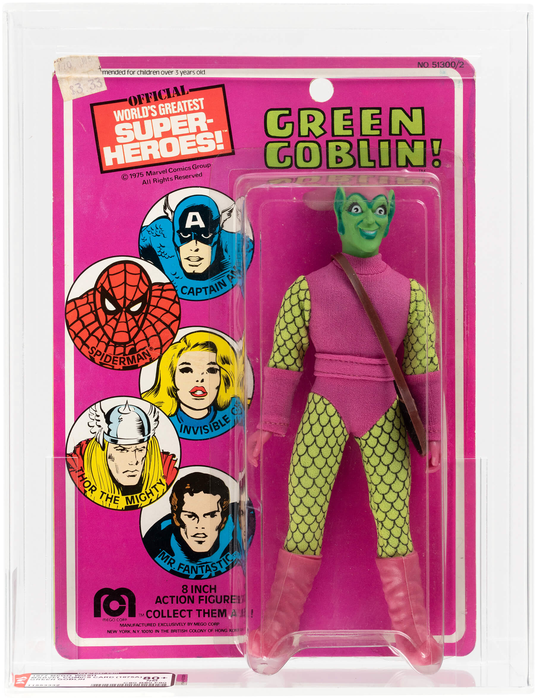 Green Goblin 8-in action figure from Mego’s The World’s Greatest Super-Heroes line. Issued in 1977, AFA-graded 80+ NM, archival case. Only graded example in AFA Population Report. Est. $10,000-$20,000. Image courtesy of Hake’s Auctions