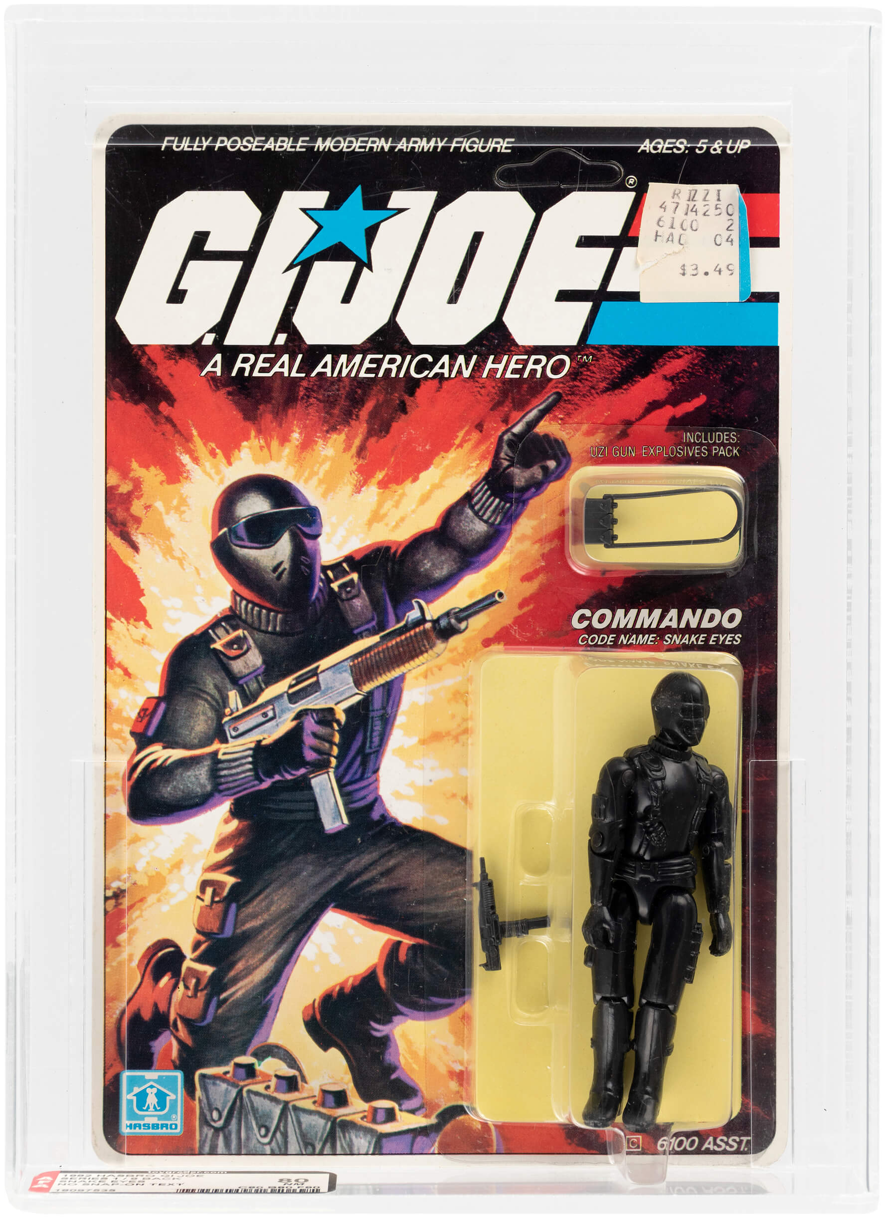 G.I. Joe: A Real American Hero action figure of Commando Snake Eyes (straight-arm) from Hasbro’s 1982 toy line. AFA-graded 80 NM on earliest card variety. AFA Population Report cites only two known examples in a higher grade. Est. $10,000-$20,000. Image courtesy of Hake’s Auctions