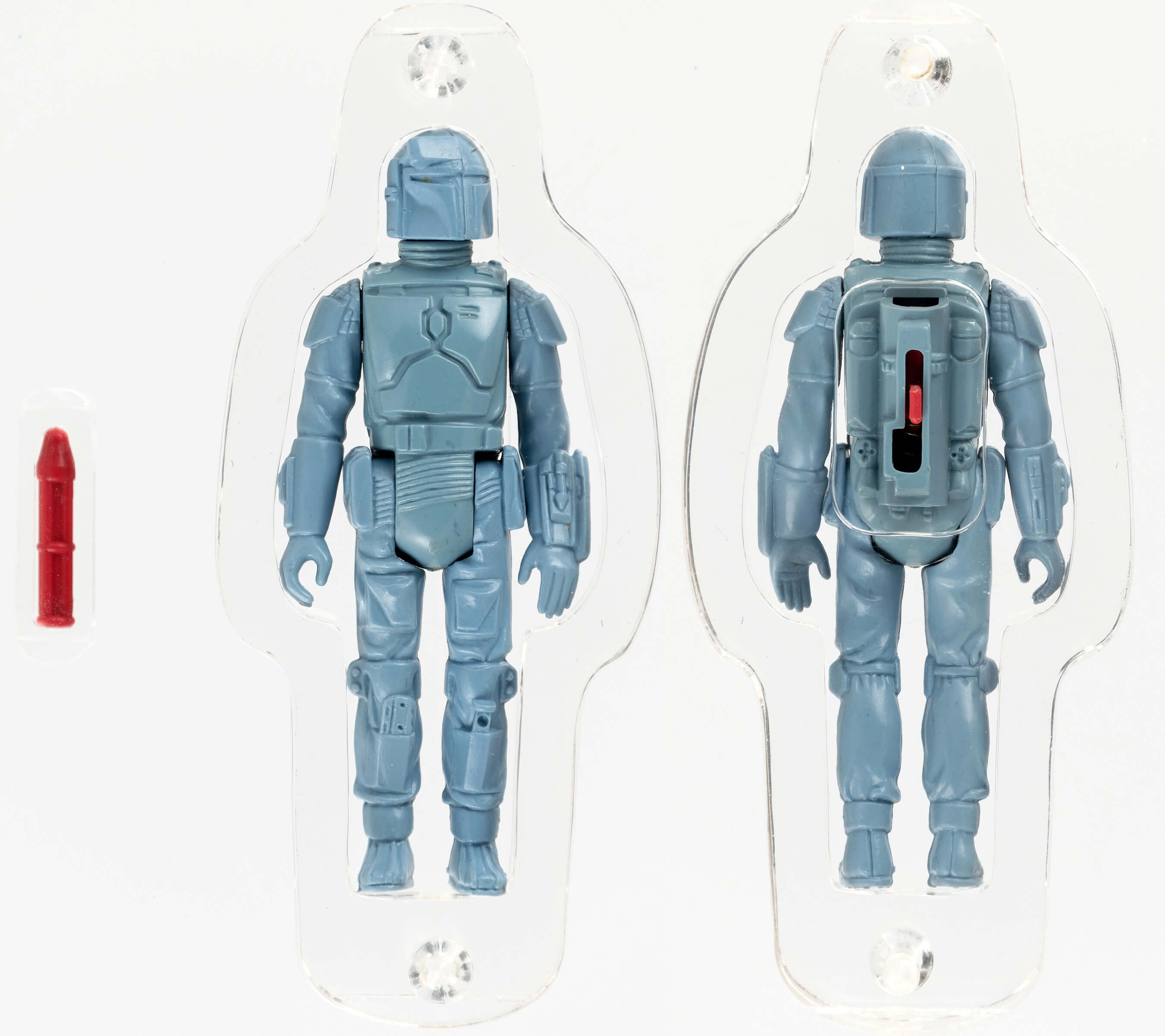 Star Wars Boba Fett L-slot rocket-firing prototype for Kenner’s action figure from the company’s popular 1979 Star Wars toy line. Measures 3.75in tall, AFA-graded 85 NM+ and archivally cased. Comes with notarized CIB LOA. Est. $200,000-$350,000. Image courtesy of Hake’s Auctions