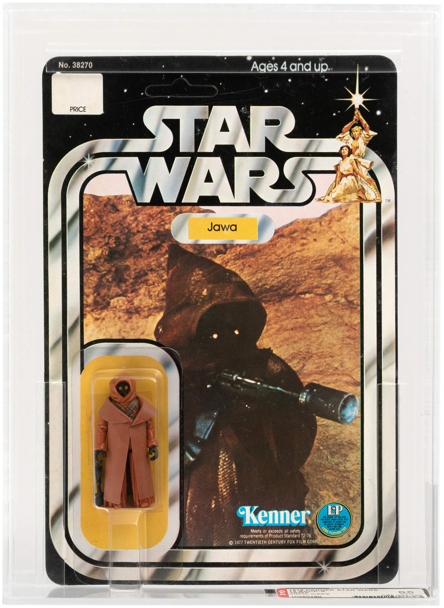 Kenner 2.25in action figure of Jawa (vinyl-cape version) from the 1978 Star Wars toy line, AFA 85 NM+, 12 Back-A blister card, unpunched, archival case. Est. $35,000-$50,000. Image courtesy of Hake’s Auctions