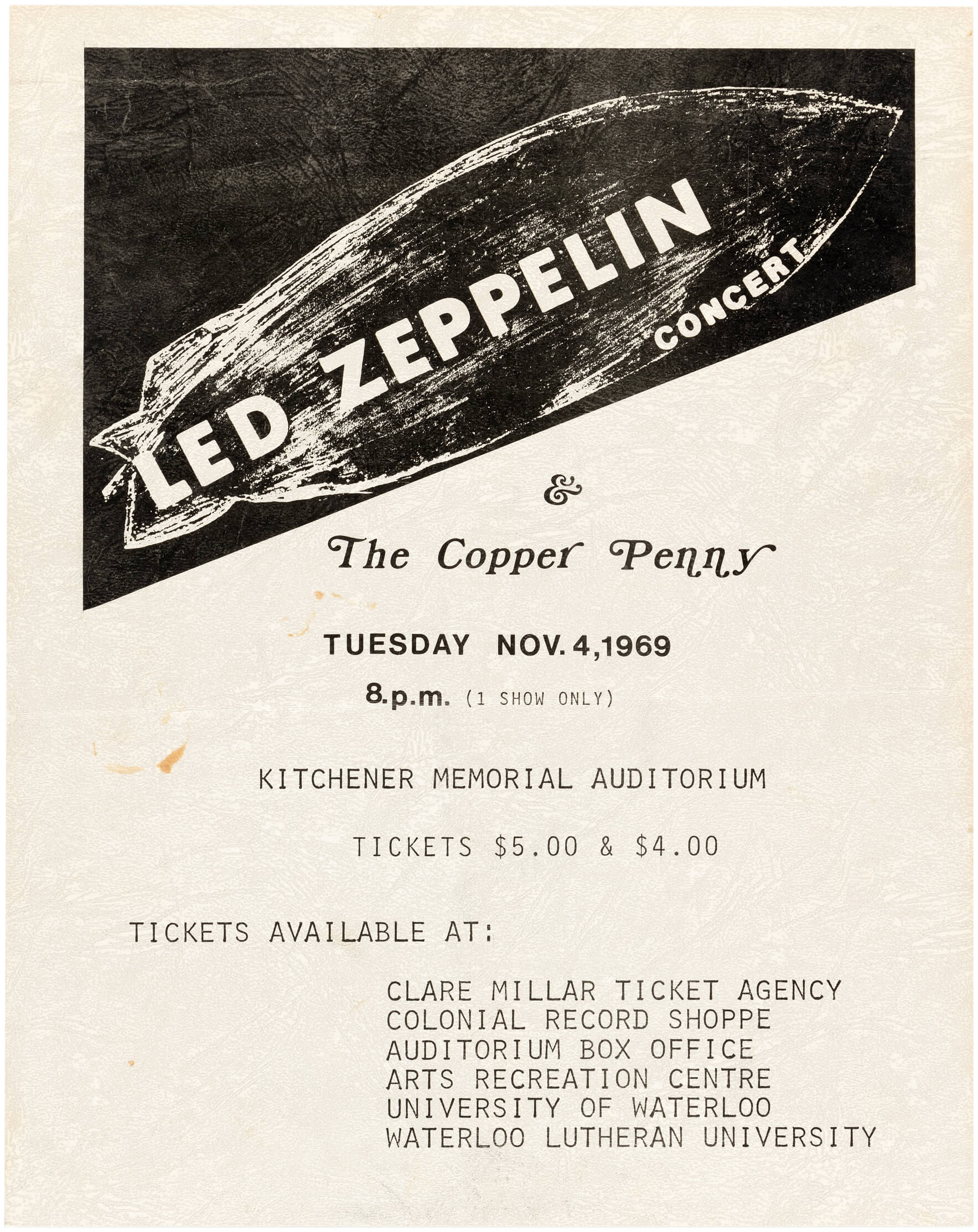 Primitive, early Led Zeppelin concert poster promoting a 1969 show in Kitchener, Ontario, Canada, with the opening band Copperpenny. Likely unique. Accompanied by letter from original owner’s brother plus Hake’s COA. Est. $10,000-$20,000. Image courtesy of Hake’s Auctions