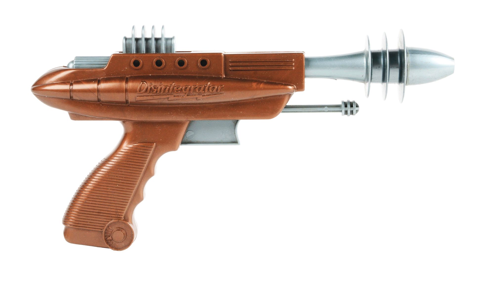 Circa-1953 Pyro Plastics ‘Pyrotomic Disintegrator’ space pistol, 9½ inches long, with metallic copper finish. One of the rarest and most desirable of all vintage ray-guns. Estimate $2,000-$3,000