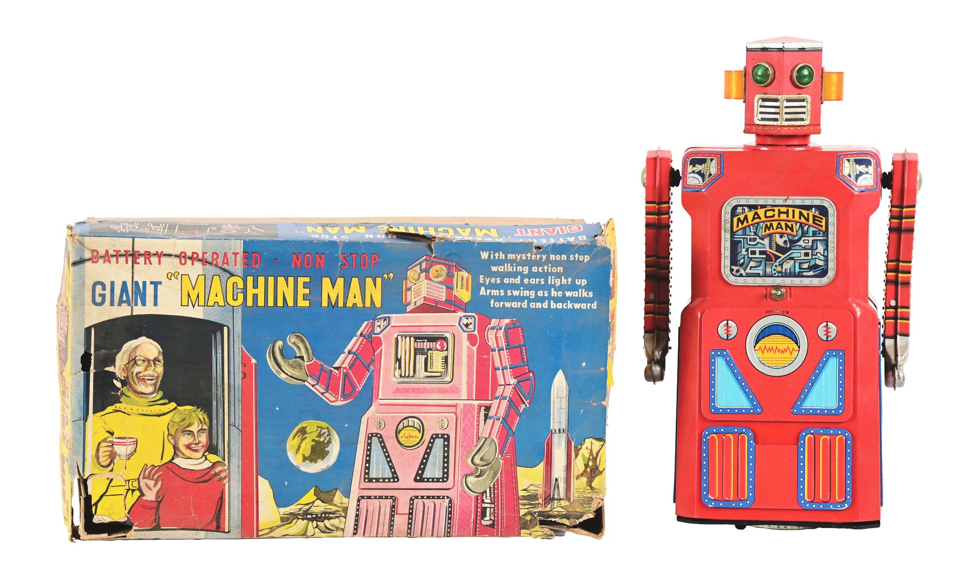 Circa-1960 Masudaya Machine Man Robot accompanied by original graphic box with inserts. One of very few known examples. From the famed Gang of Five robot series. Very Good to Excellent condition. Estimate $60,000-$90,000
