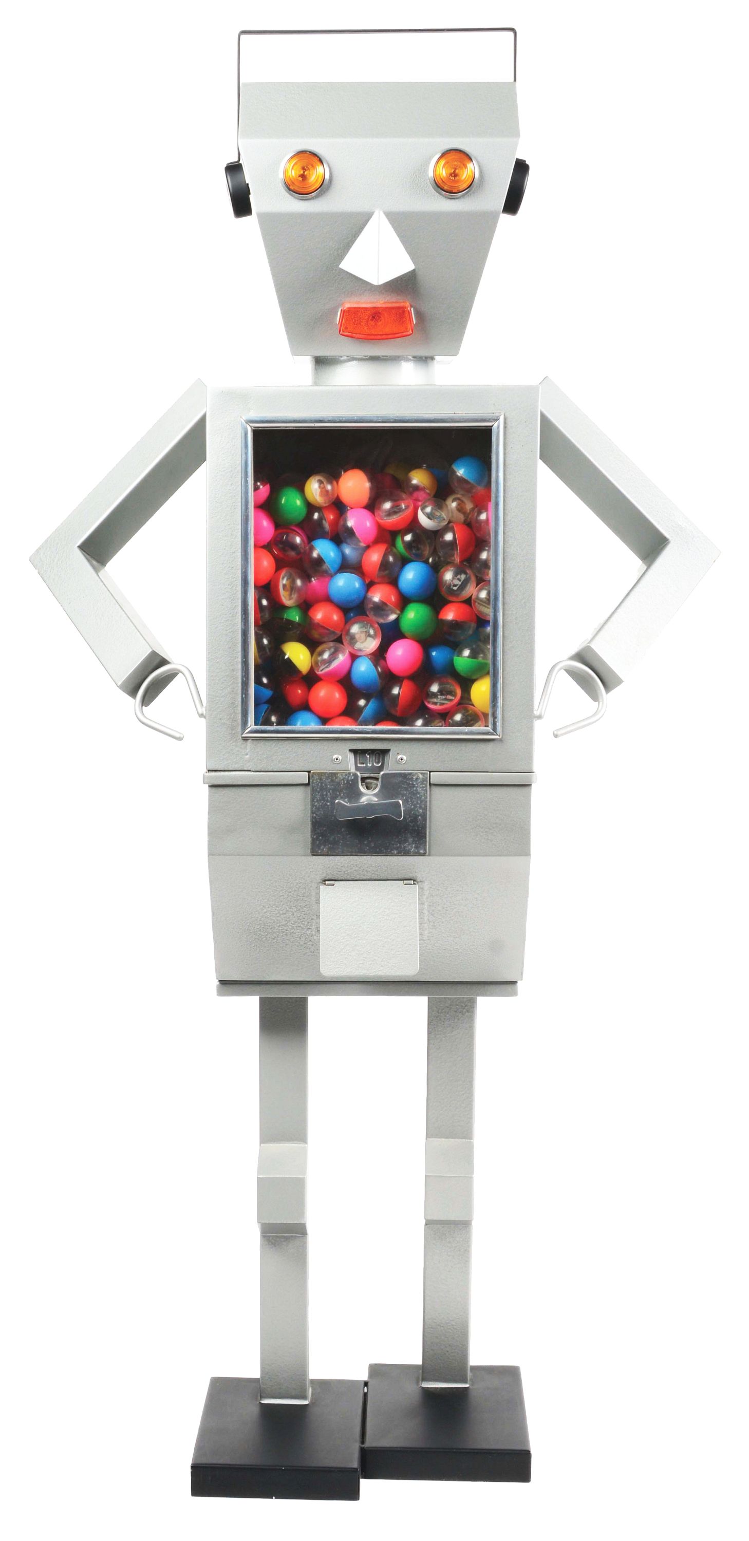 Scarce 1950s Italian gumball vending machine in the form of a 54-inch-tall full-figure robot. Working coin mechanism. Retains prizes inside chest, plus original key for lock. Excellent to Near Mint condition. Estimate $4,000-$8,000