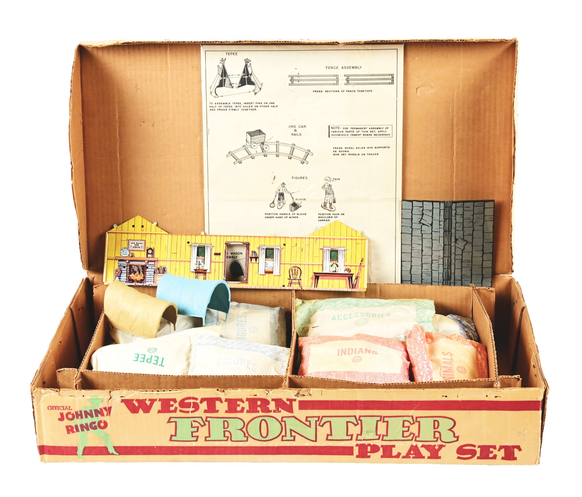 Very rare circa-1960 Marx Johnny Ringo Western Frontier Play Set. Includes house, gold mine, trees, wagons, horses, cowboys, Indians, and many other accessories. Excellent condition. Estimate $4,000-$6,000