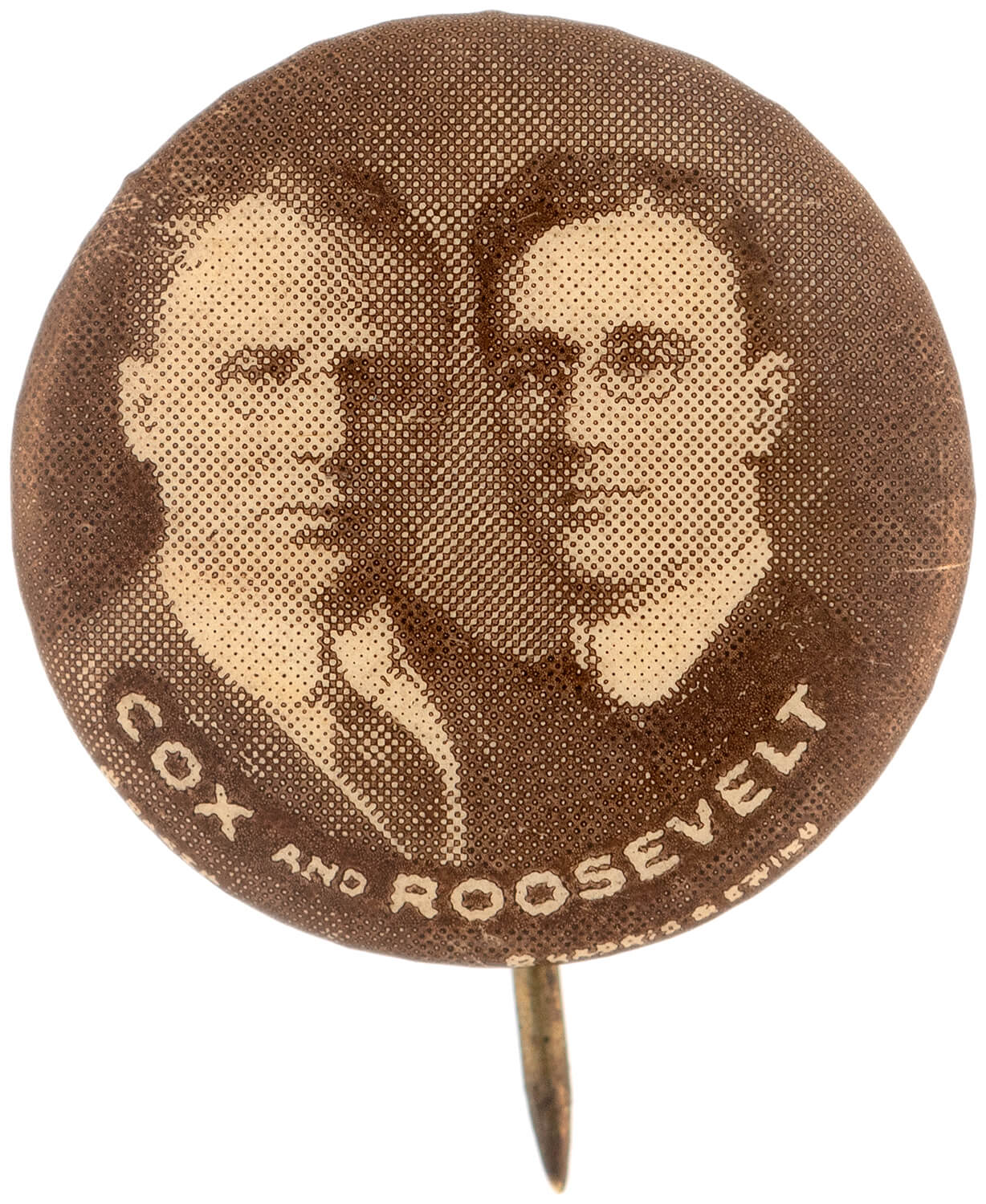 James M. Cox and Franklin Delano Roosevelt jugate button from the US presidential election of 1920. At 5/8in in diameter, it represents the smallest size in which this particular type of pinback was made. Few Cox-Roosevelt buttons exist in any size, and all are believed to have been manufacturer’s samples. Est. $10,000-$20,000. Image courtesy of Hake’s Auctions