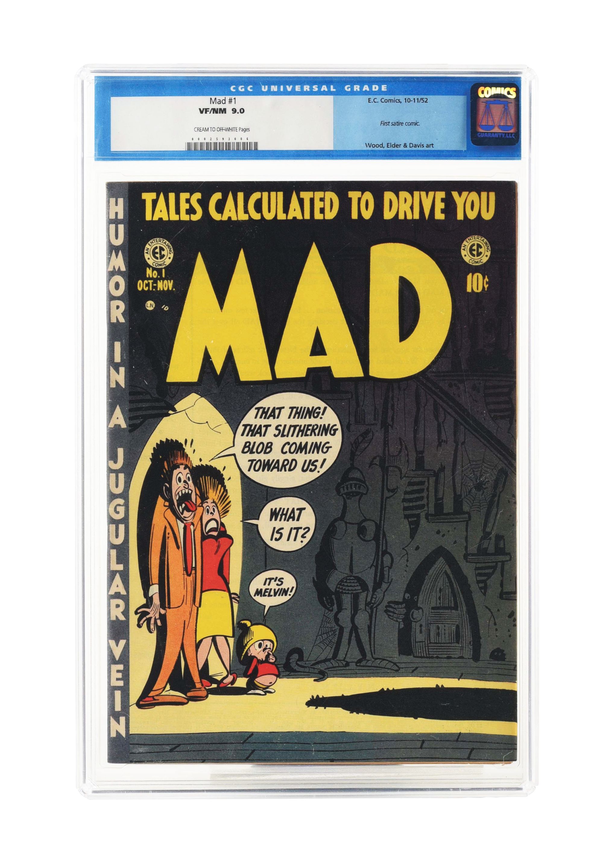 Extremely rare MAD Magazine #1, encased and in CGC 9.0 condition. From a 20+ year collection. Estimate $9,000-$14,000