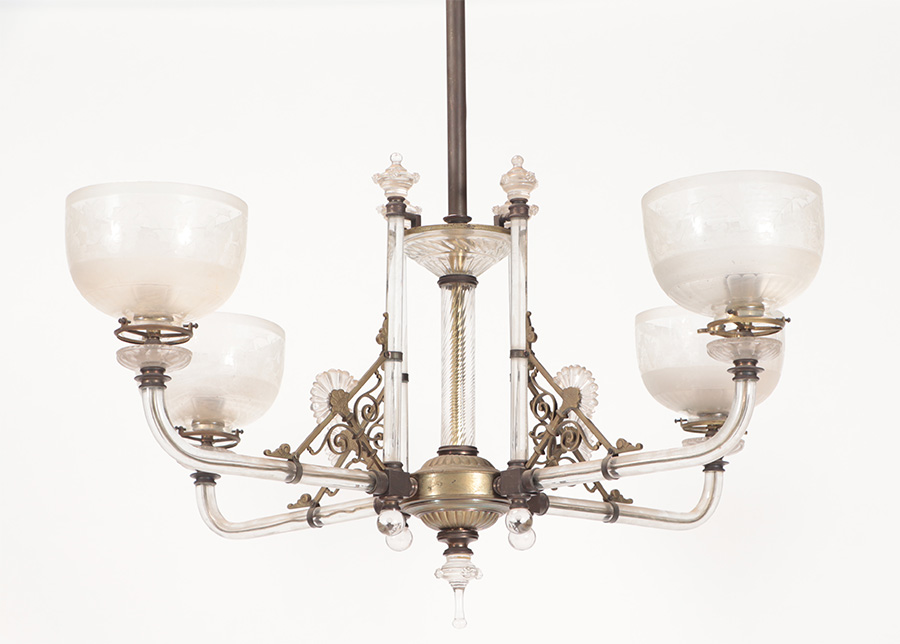 Four-arm Osler-style brass and glass chandelier, est. $500-$700