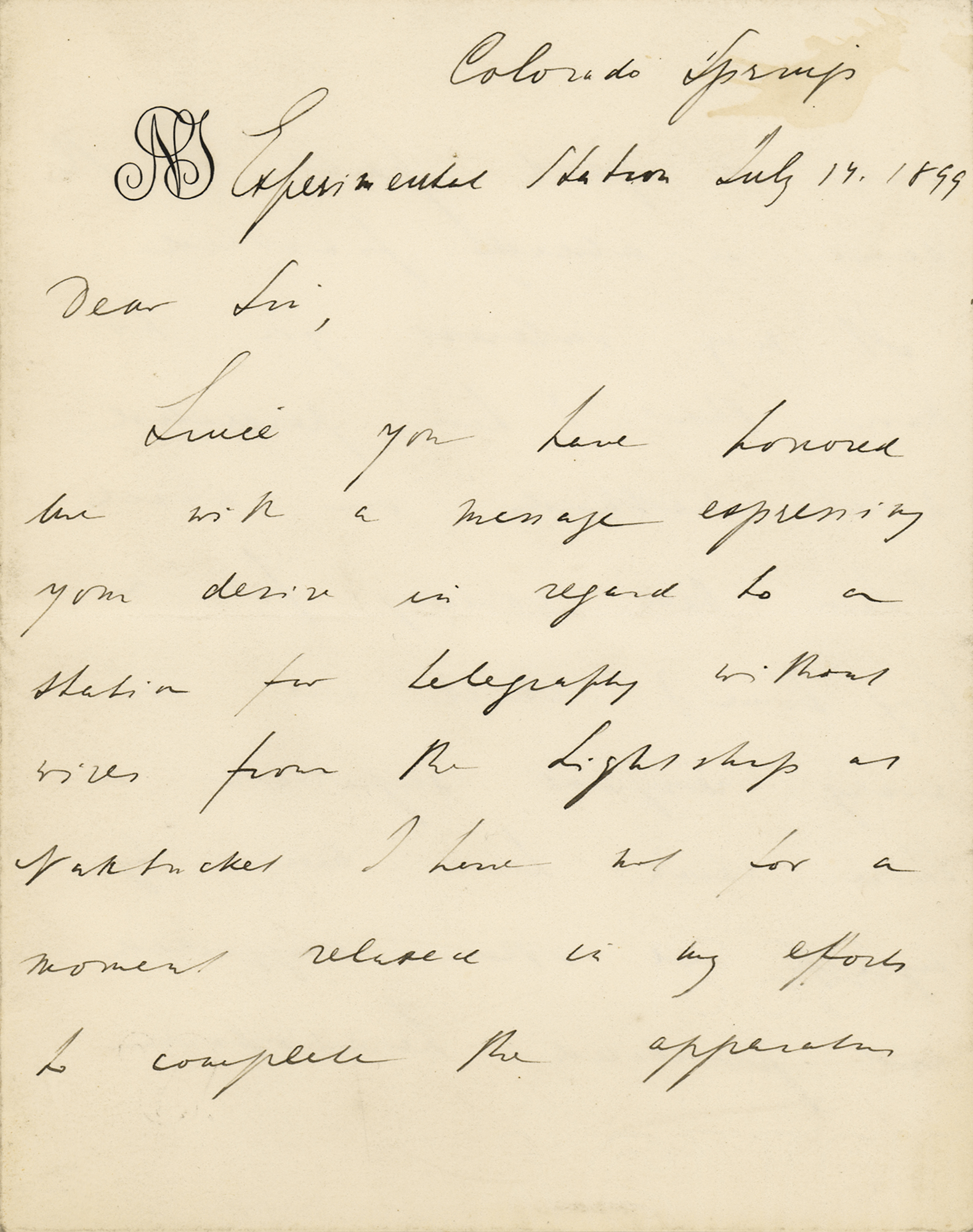 Page from handwritten 1899 Nikola Tesla letter penned in Colorado, est, $50,000-$60,000