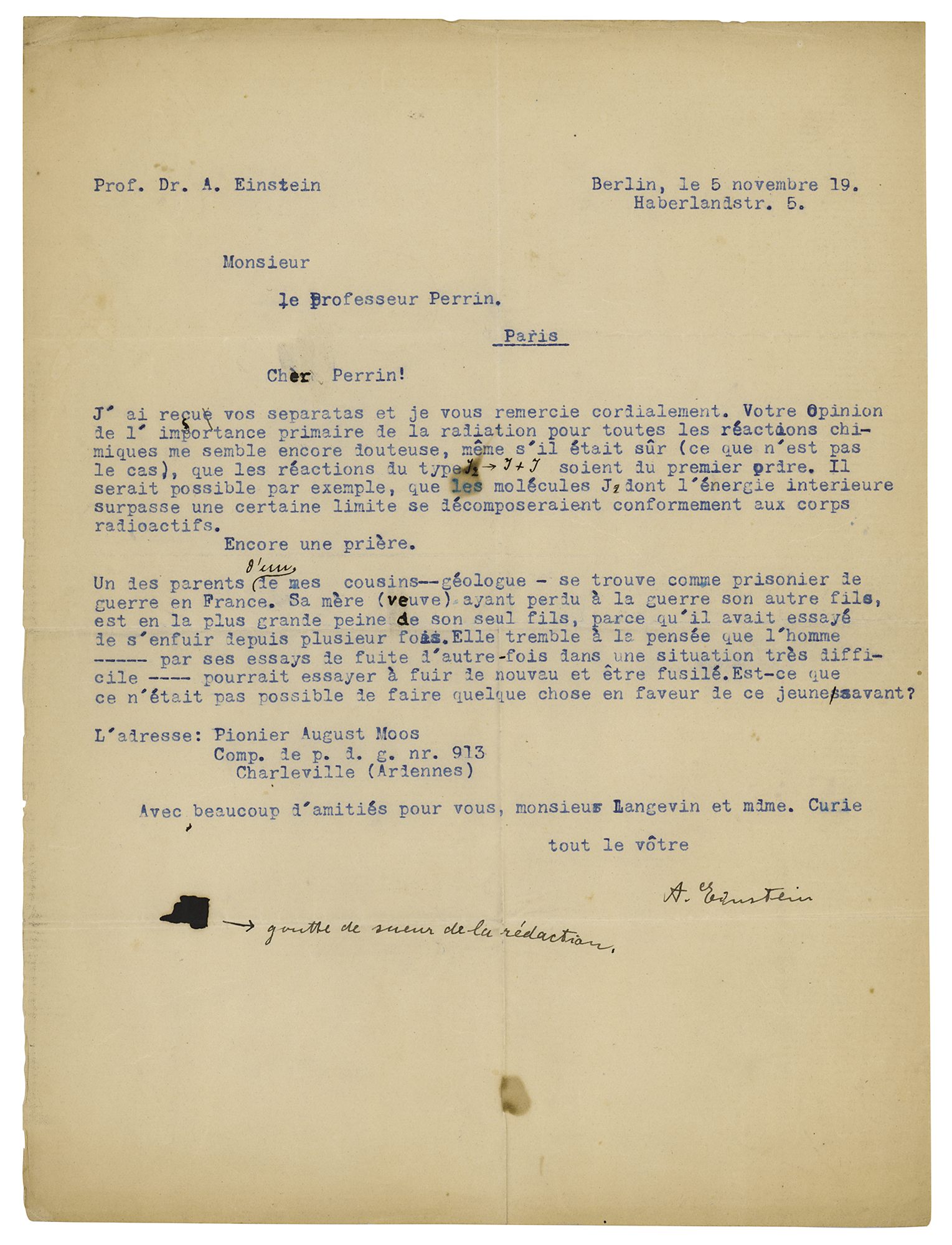 Signed, typewritten 1919 letter from Albert Einstein to a future Nobel Physics Prize winner, est. $25,000-$30,000