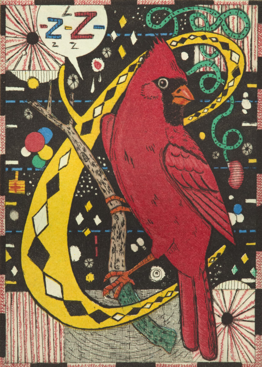 Tony Fitzpatrick, American, born 1958. ‘C,’ 2012; etching; plate 7 by 5 in, sheet: 11 by 9in. Saint Louis Art Museum, gift of Ted L. and Maryanne Ellison Simmons; and funds given by the Marian Cronheim Trust for Prints and Drawings, Museum Purchase, Friends Fund, The Sidney S. and Sadie Cohen Print Purchase Fund, and the Eliza McMillan Purchase Fund 564:2020; © Tony Fitzpatrick