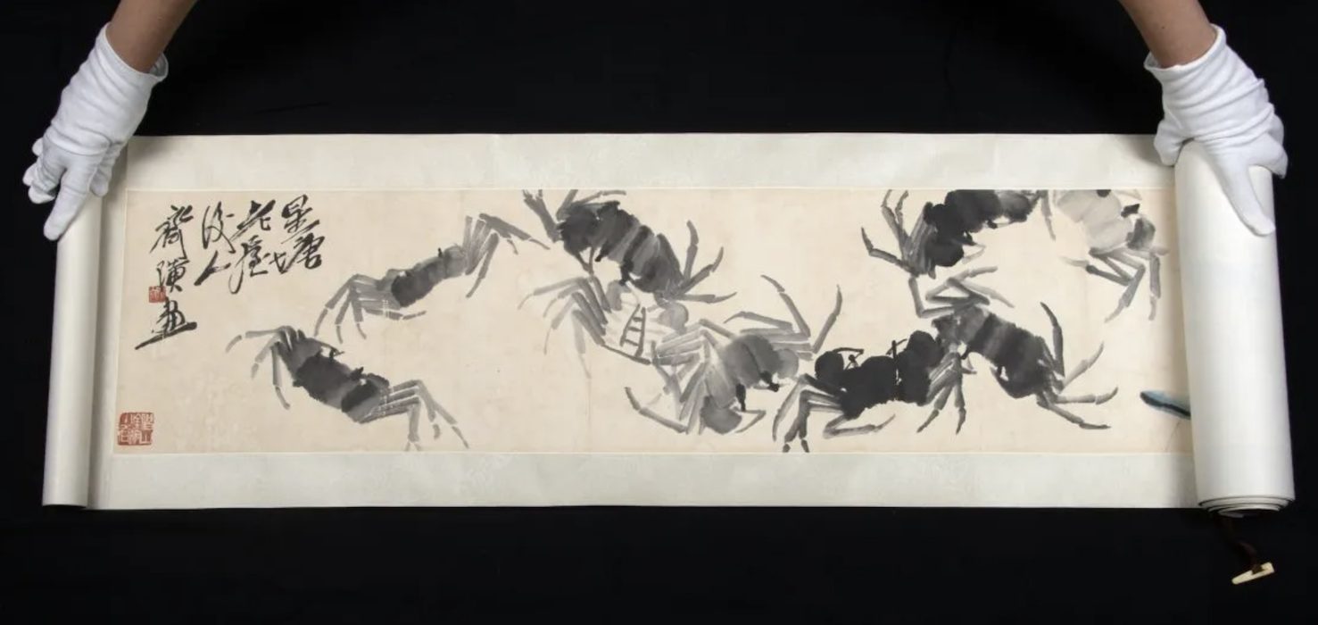 Qi Baishi (Chinese, 1864-1957), ink and wash-on-paper horizontal handscroll painting with images of shrimp, crabs, frogs and aquatic plants. Artist-signed, stamped with two seals. Size of painting: 145.25in long by 10in wide. Provenance: Gaithersburg, Maryland private collection, inherited from the father, who was an art collector and adjunct professor at the Academy of Arts & Design of Tsinghua University, Beijing. Est. $150,000-$300,000. Courtesy of Artemis Gallery