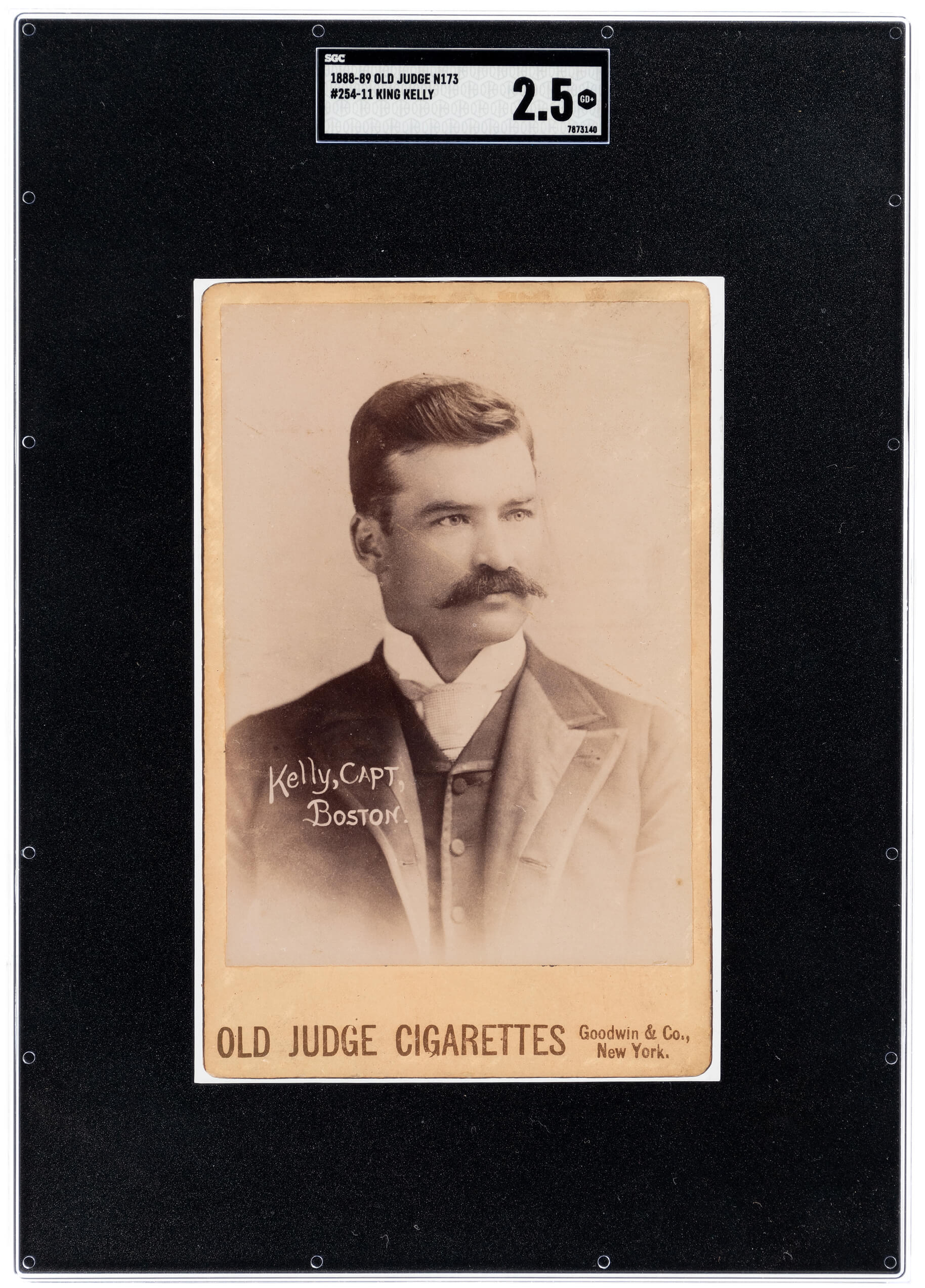 1888-89 N173 Old Judge (Cigarettes) mail-in premium cabinet card depicting baseball Hall of Famer Mike ‘King’ Kelly, Captain of the Boston Beaneaters, street-clothes version, size: 4.25in by 6.5in. One of only five known examples and only the third to appear at auction. SGC-graded 2.5 Good+. Est. $75,000-$100,000. Image courtesy of Hake’s Auctions