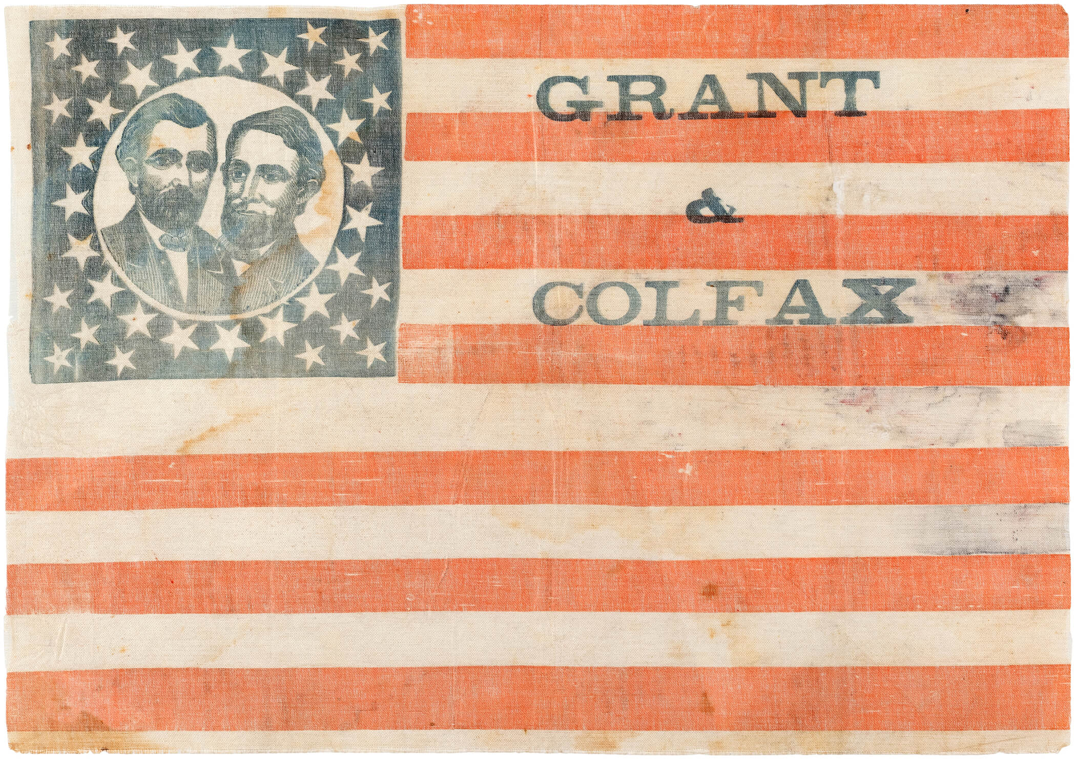 Ulysses S. Grant and Schuyler Colfax 1868 jugate campaign parade flag, glazed cotton, 35-star canton, 10.75in by 15.25in. listed in Herbert R. Collins reference ‘Threads of History.’ Est. $10,000-$20,000. Image courtesy of Hake’s Auctions