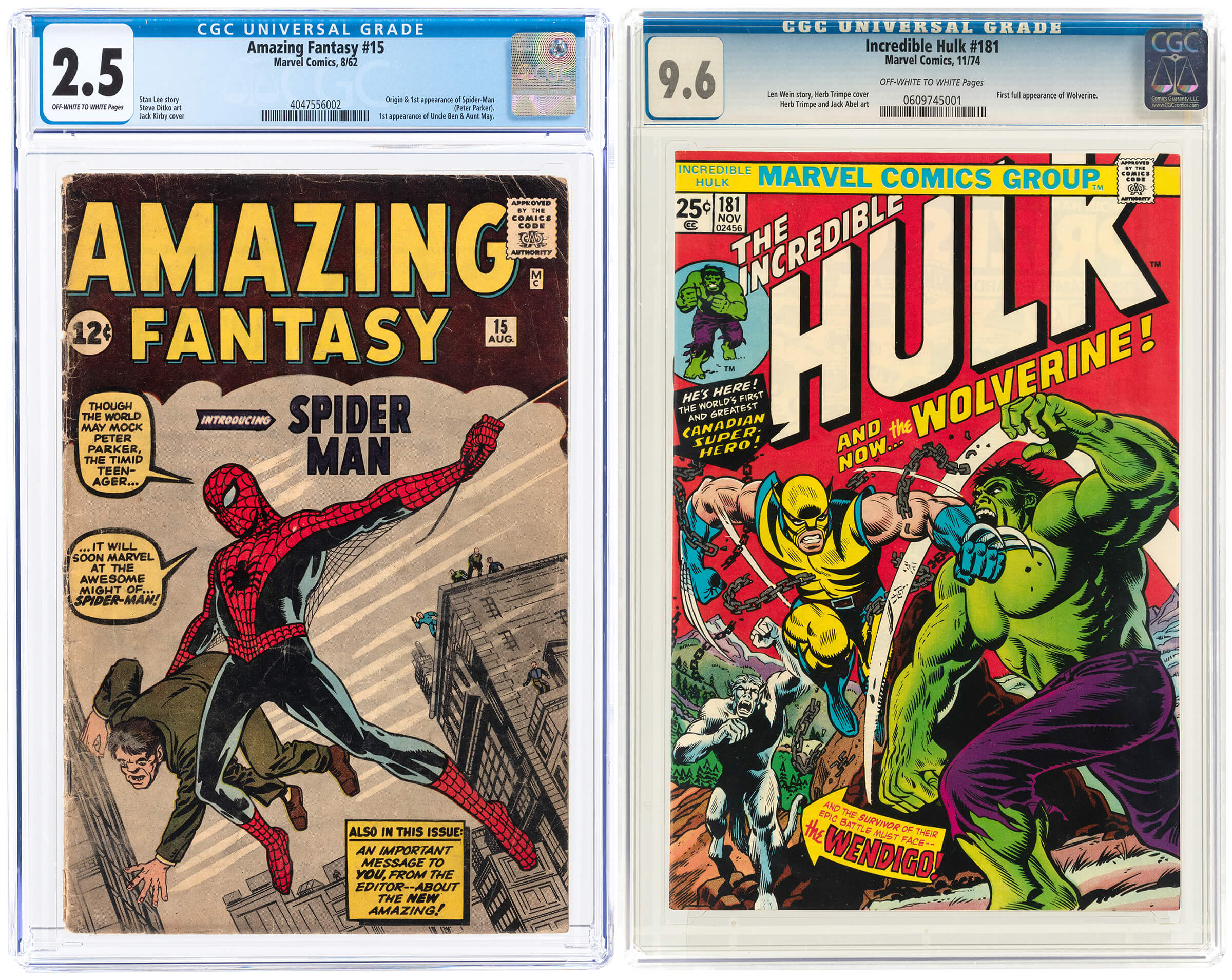 L to R: Marvel ‘Amazing Fantasy’ #15 Silver Age comic book, August 1962, CGC 2.5 Good+, introduces The Amazing Spider-Man (Peter Parker), est. $35,000-$50,000; and Marvel ‘Incredible Hulk’ #181 Bronze Age comic book, November 1974, CGC 9.6 NM+ with first full appearance of Wolverine, est. $20,000-$35,000. Images courtesy of Hake’s Auctions
