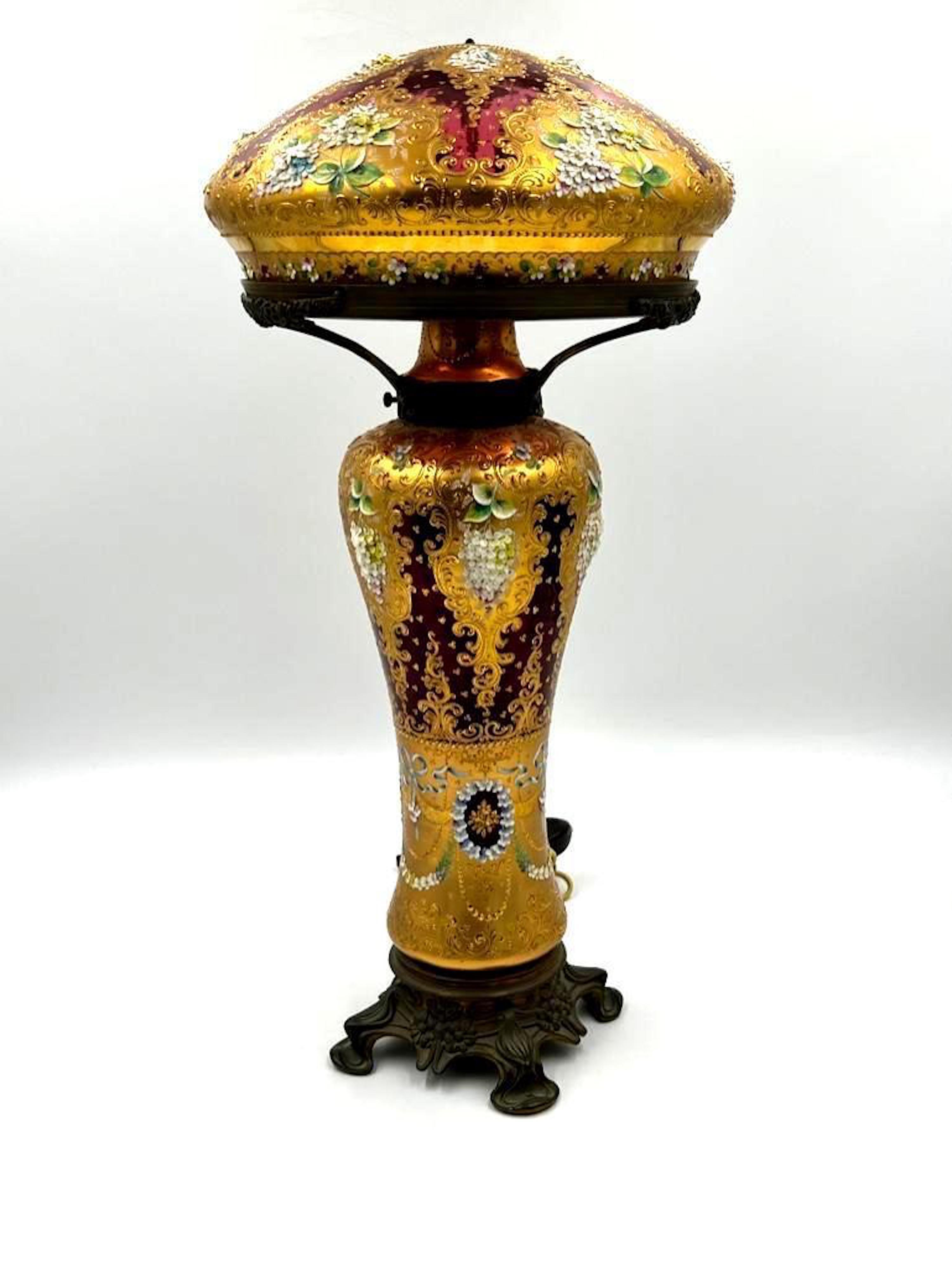 Circa-1930 Moser cranberry glass enameled lamp, est. $4,000-$6,000