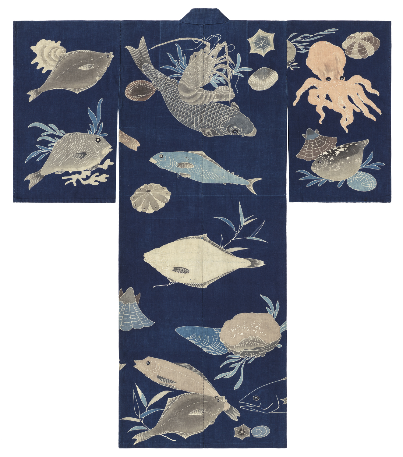 Japan, early 20th century, Dark blue-ground festival kimono decorated with sea creatures (back), cloth: cotton; tsutsugaki (freehand resist). The John R. Van Derlip Fund and the Mary Griggs Burke Endowment Fund established by the Mary Livingston Griggs and Mary Griggs Burke Foundation; purchase from the Thomas Murray Collection 2019.20.62 