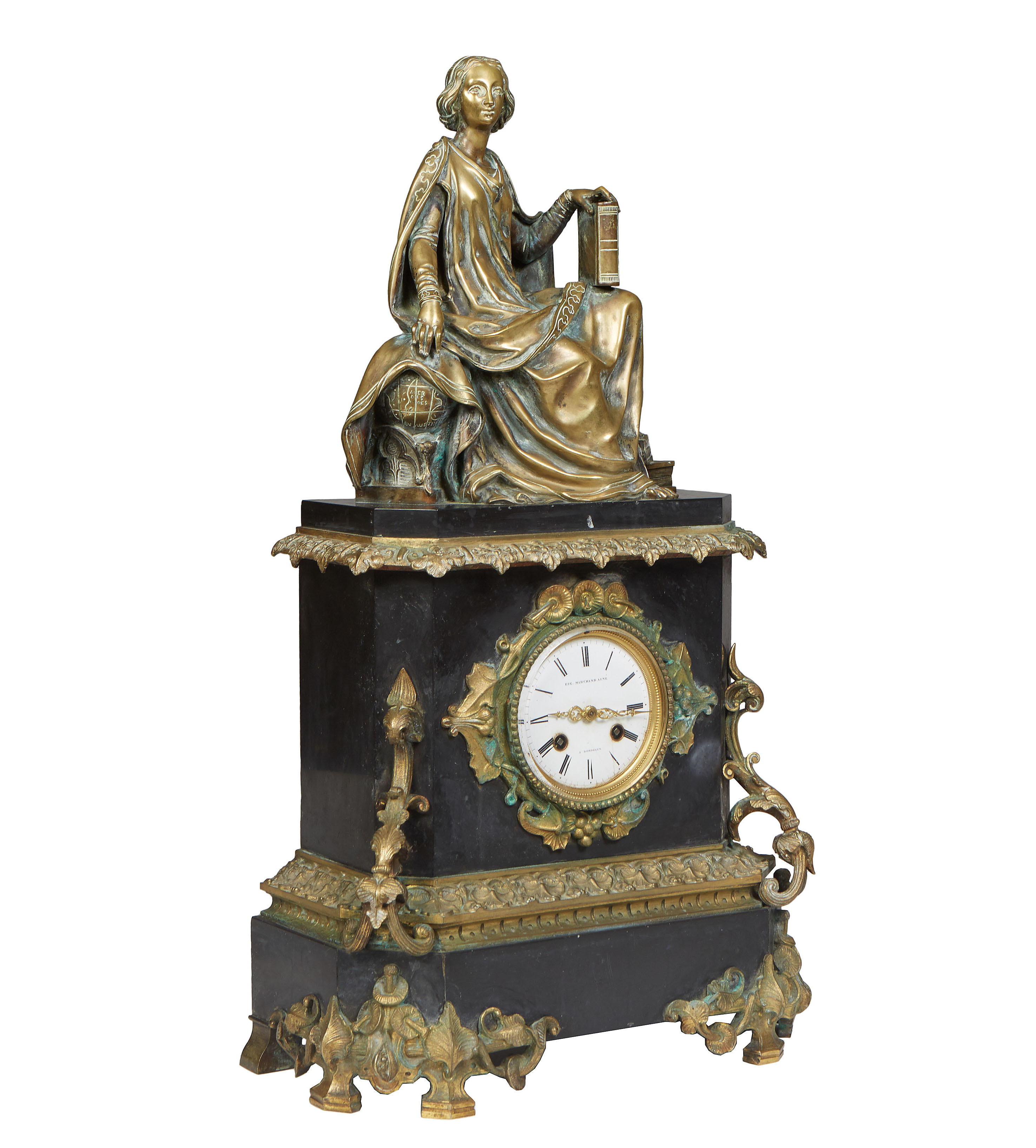 French bronze and marble figural mantel clock, est. $600-$900