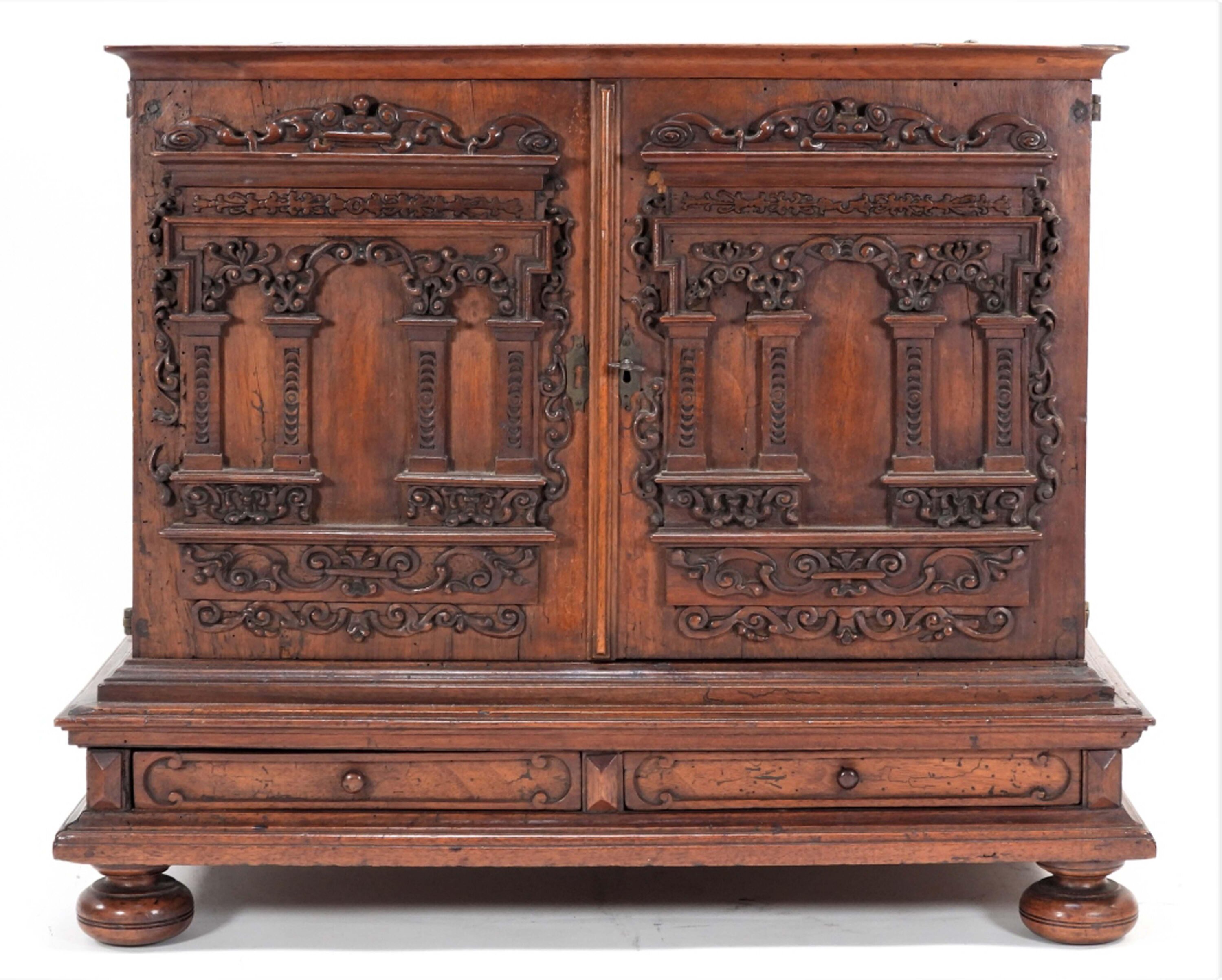 South German marquetry penwork table cabinet, est. $2,500-$4,000