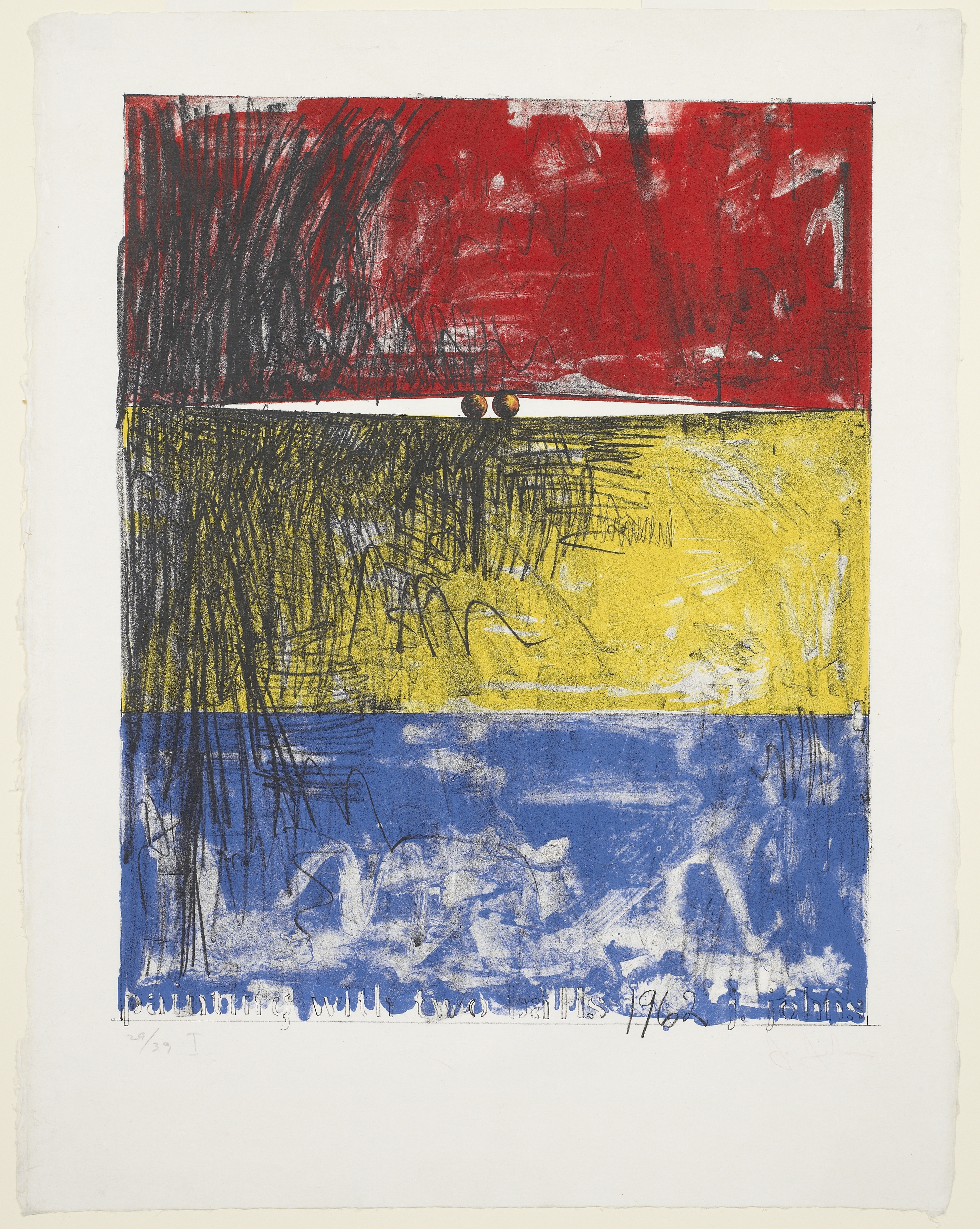 Jasper Johns, ‘Painting with Two Balls I,’ 1962. Color lithograph on handmade Kochi paper, 26 5/8 by 20 11/16in. (67.63 by 52.55cm). Minneapolis Institute of Art, Minneapolis, Minn. Gift of Thomas Edblom (P.79.150) © Jasper Johns / Licensed by VAGA at Artists Rights Society (ARS), NY 