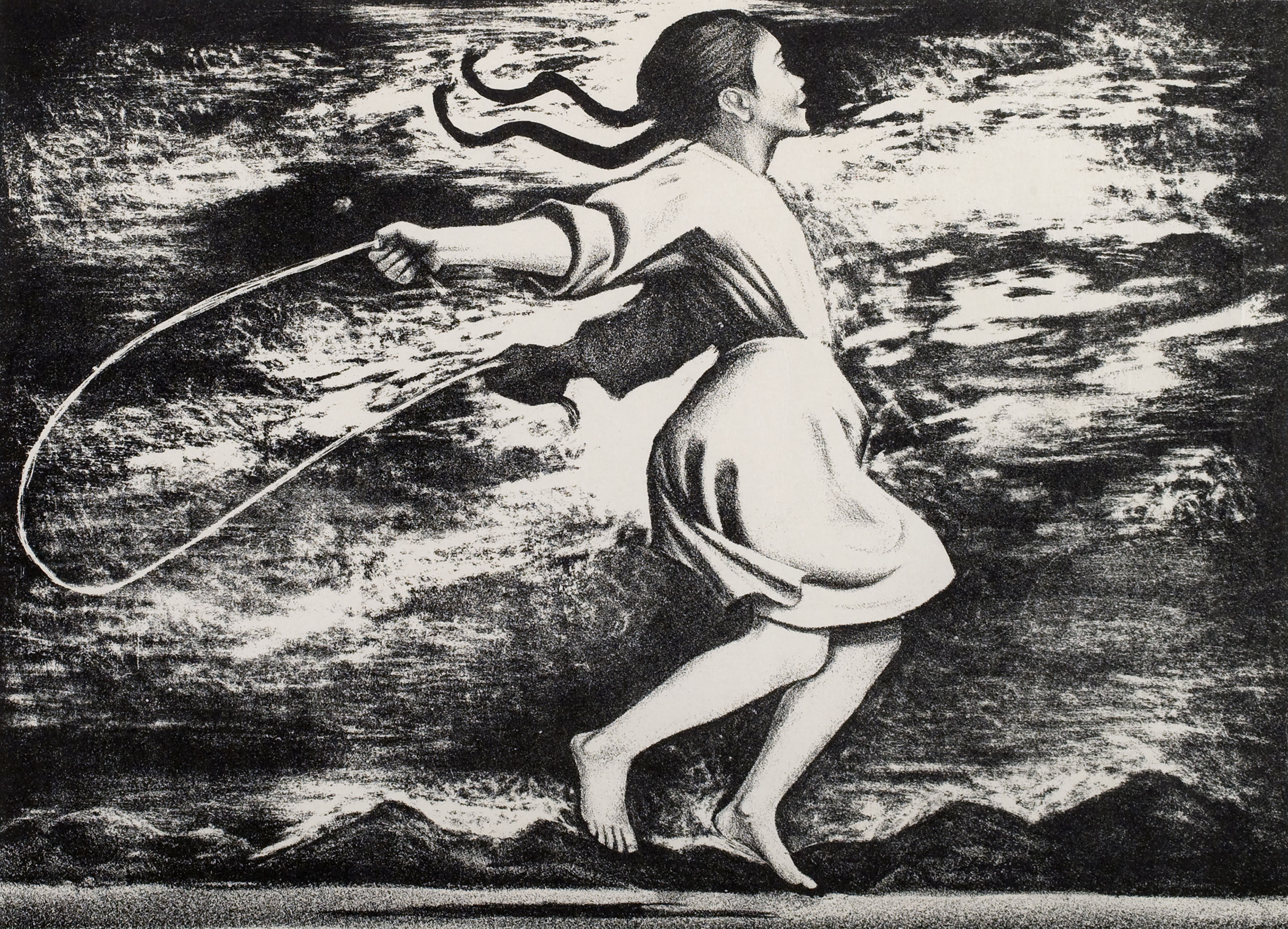 Elizabeth Catlett (American and Mexican, 1915-2012), ‘Untitled (Girl Jumping Rope),’ 1958. Lithograph. Lent by Susan and David Goode. © 2022 Mora-Catlett Family / Licensed by VAGA at Artists Rights Society (ARS), NY