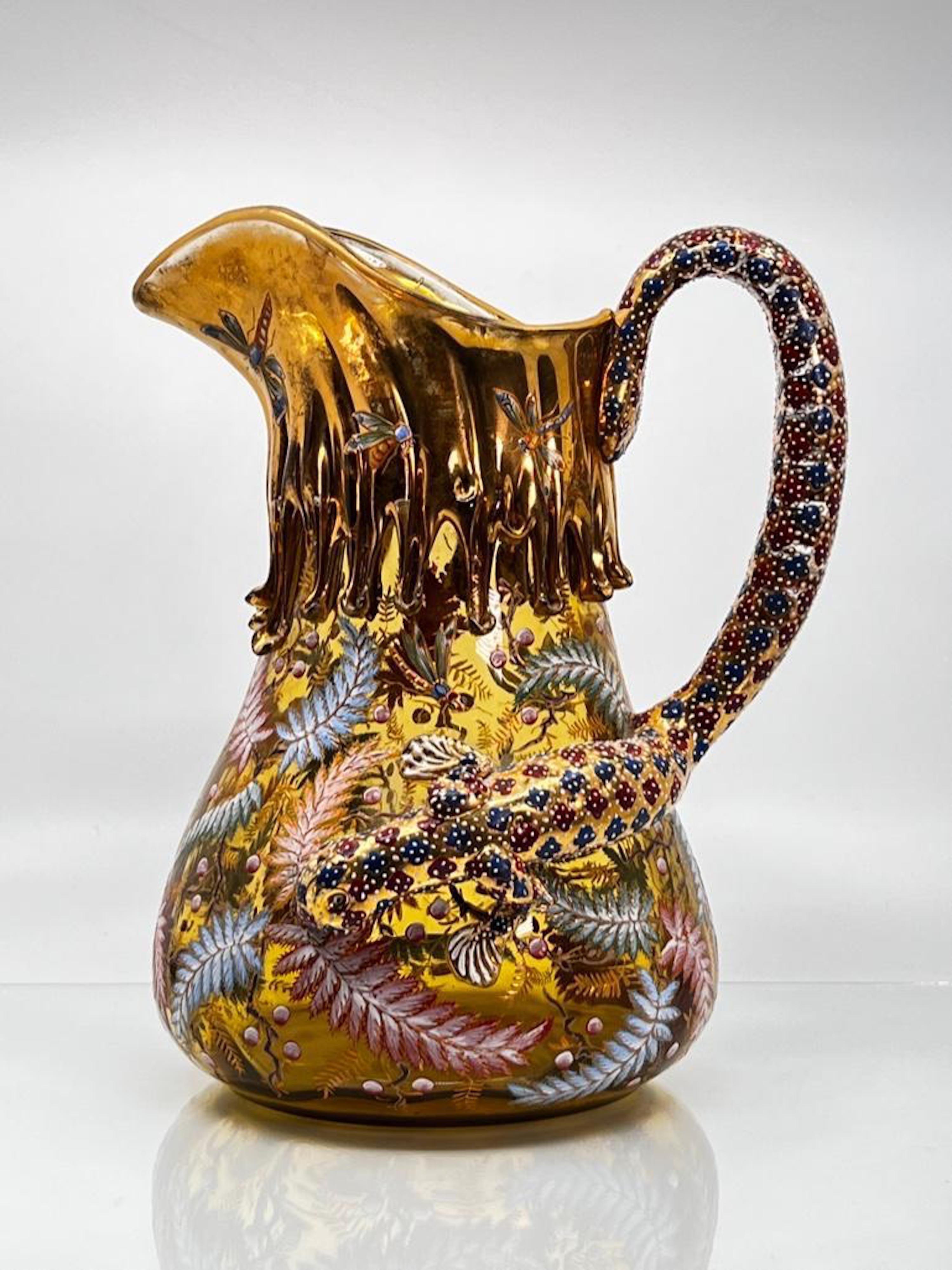 Circa-1890 Moser gilded and enameled pitcher with an applied scroll handle in the form of a salamander or lizard, est. $800-$1,200