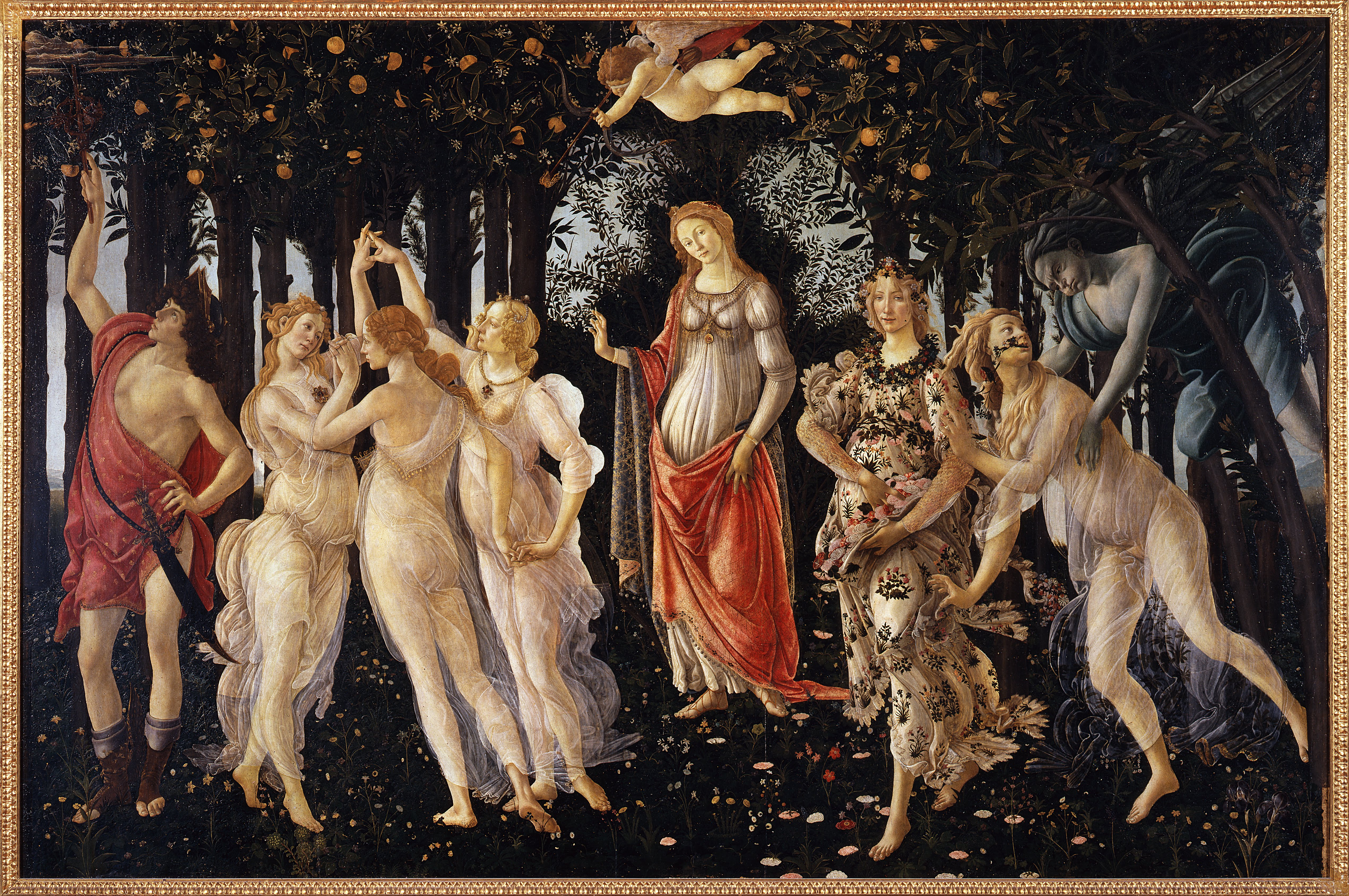 Sandro Botticelli’s masterpiece, ‘La Primavera (Spring),’ photographed in February 2011. On July 22, activists protesting climate change glued their hands to the glass covering the painting, which was unharmed. Image courtesy of Wikimedia Commons, photo credit DcoetzeeBot. The work is in the public domain because it was published or registered with the U.S. Copyright Office before January 1, 1927.