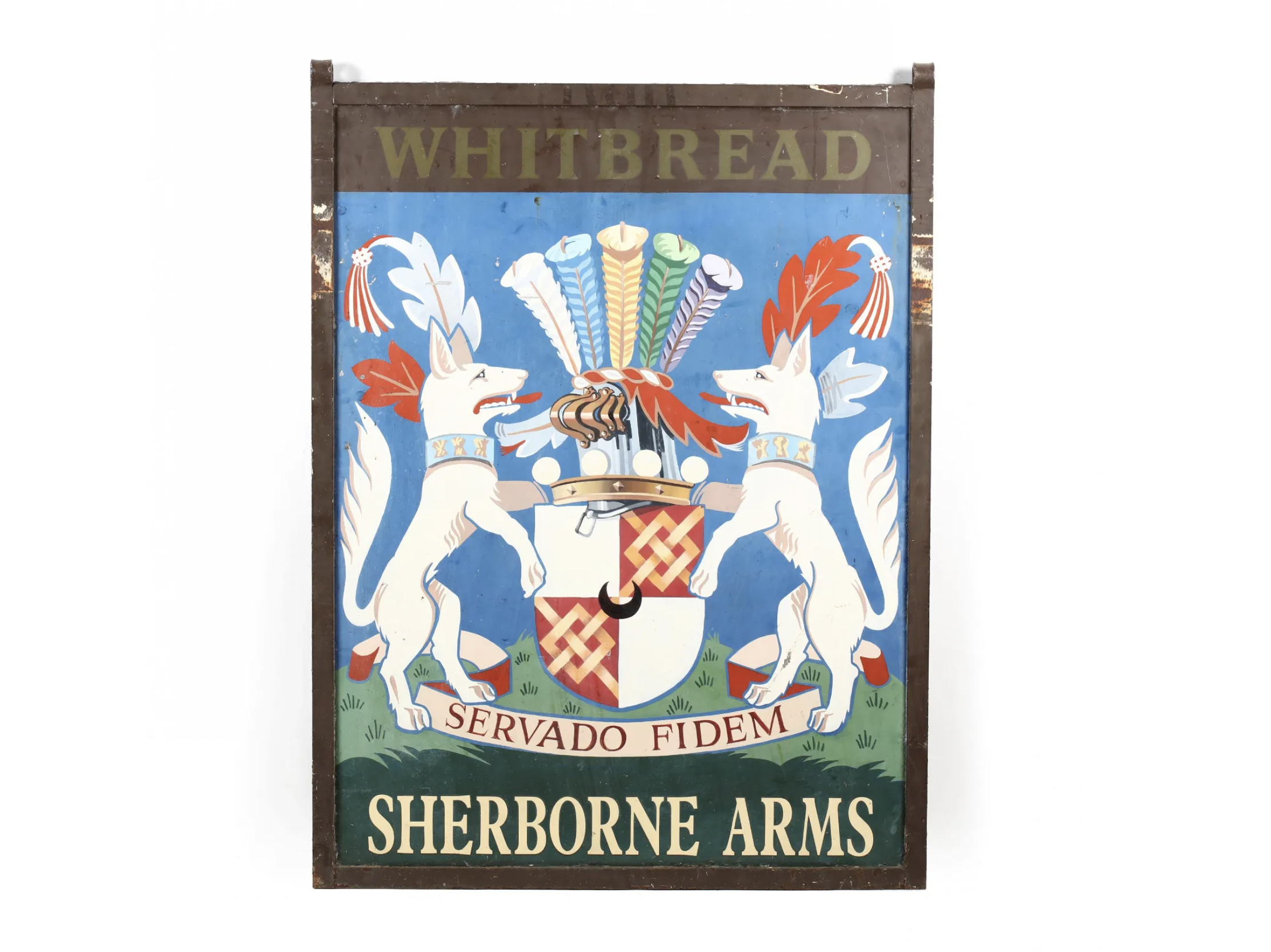 A late 20th-century hand-painted double-sided metal pub sign for the Sherborne Arms in Whitbread earned $1,150 plus the buyer’s premium in April 2020. Image courtesy of Leland Little Auctions and LiveAuctioneers