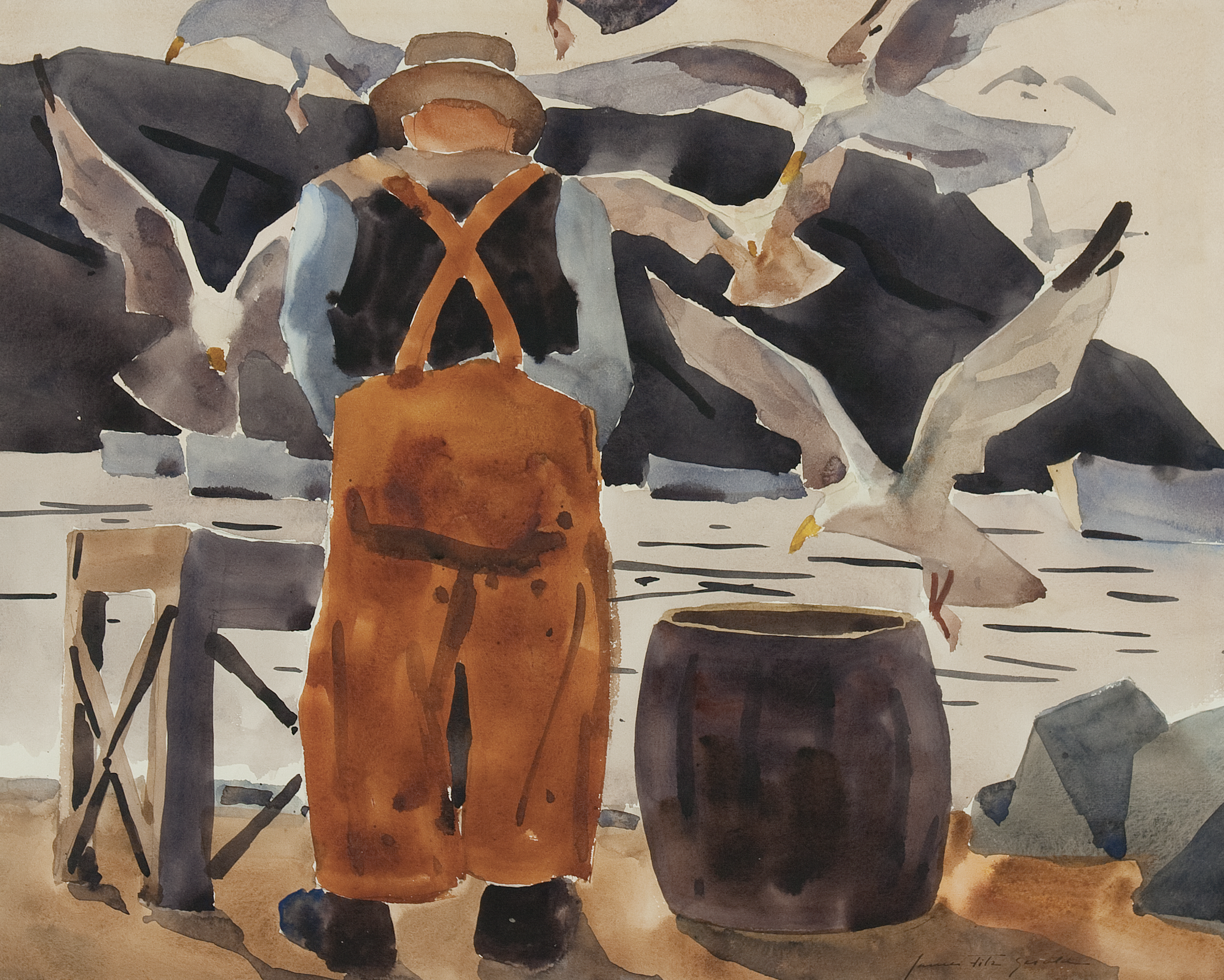 James Fitzgerald, ‘Monhegan Fisherman,’ circa 1950. Watercolor on paper, 18-3/4 by 23-1/4 in., James Fitzgerald Legacy, MMA&H