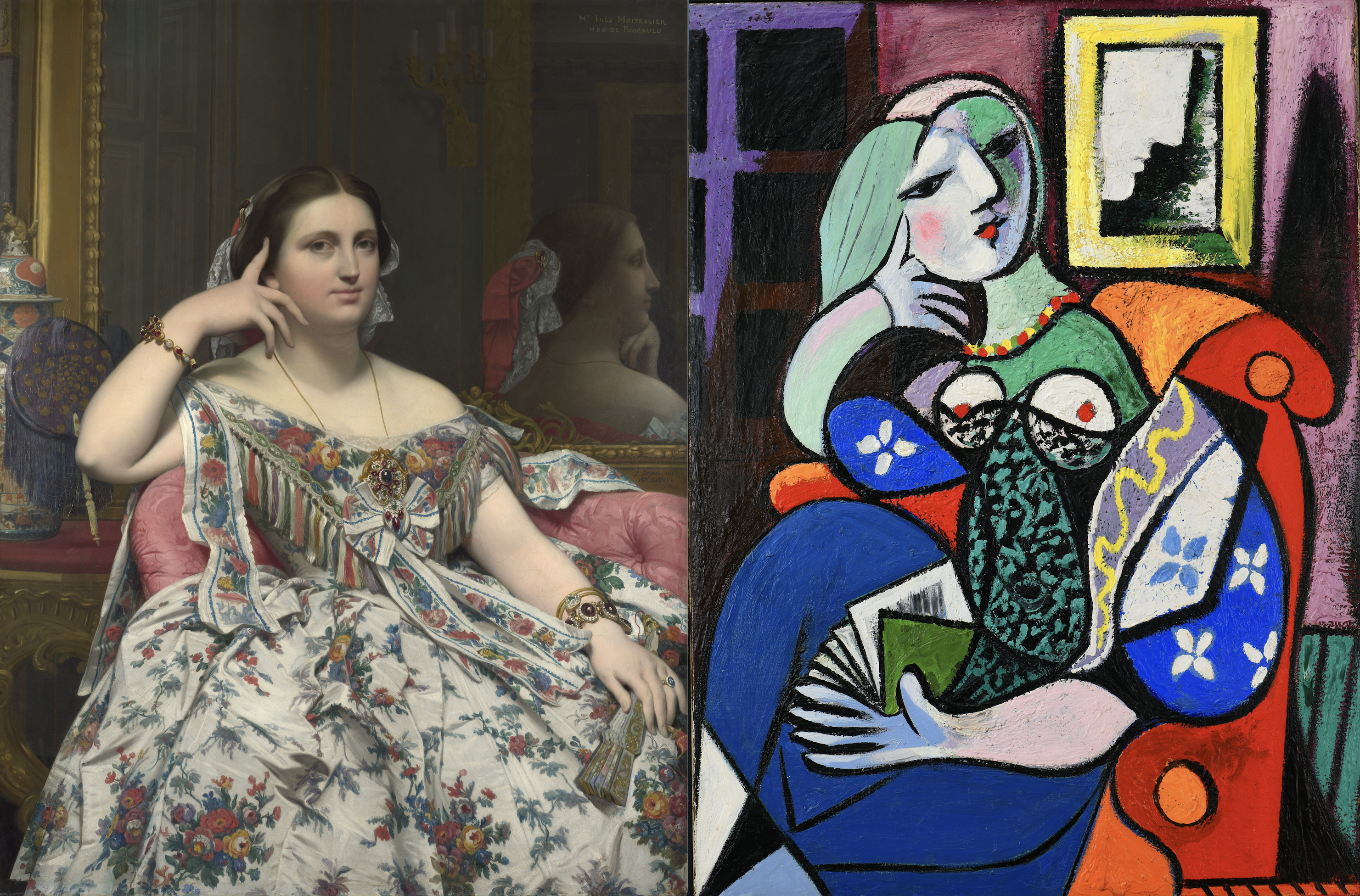 Left, Jean-Auguste-Dominique Ingres (French, 1780–1867), ‘Madame Moitessier,’ 1856. Oil on canvas, 120 by 92.1cm. © The National Gallery, London; Right, Pablo Picasso (Spanish, 1881–1973), ‘Woman with a Book,’ 1932. Oil on canvas, 51 3/8 by 38 1/2in. (130.5 by 97.8cm). The Norton Simon Foundation. © 2022 Estate of Pablo Picasso / Artists Rights Society (ARS), New York 