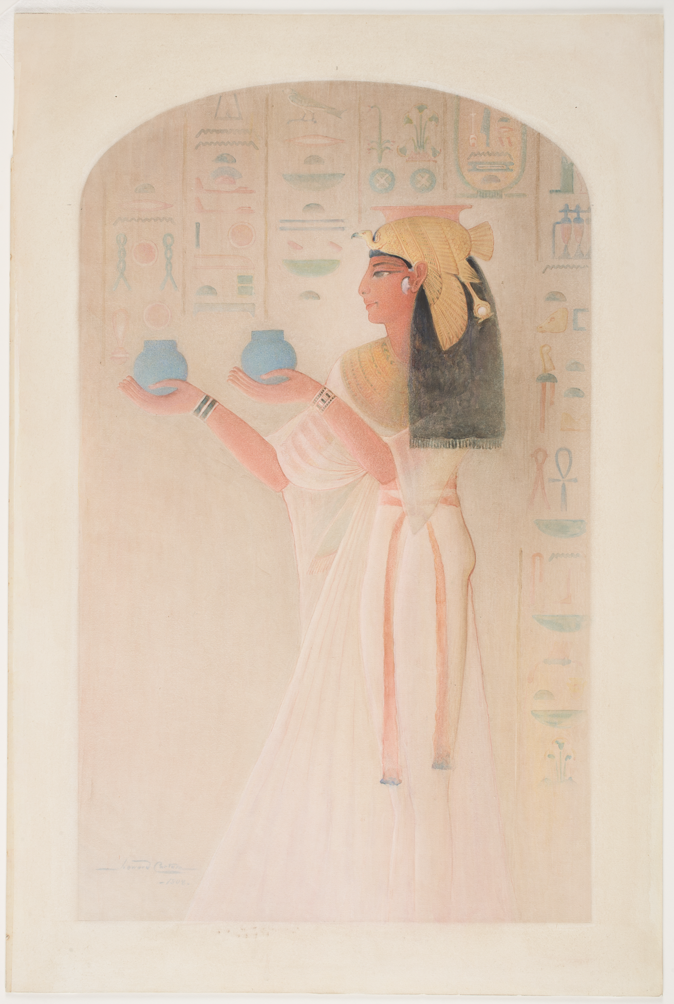 Howard Carter, ‘Queen Nefertari Offering Two Pots,’ 1908, watercolor over graphite on medium, smooth cream wove paper. Mrs. Kingsmill Marrs Collection, Worcester Art Museum, 1925.144 