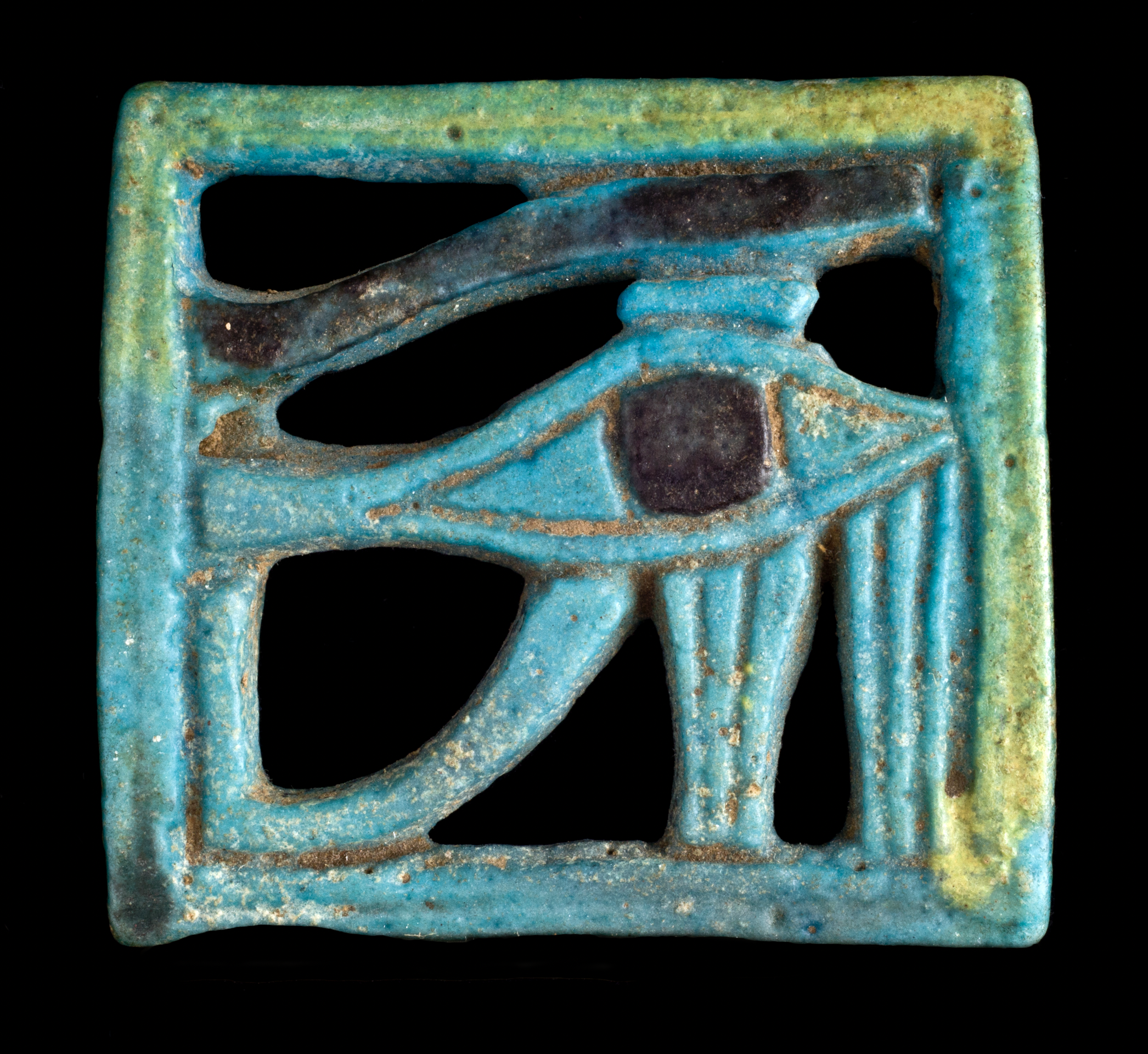 Openwork wedjat eye, ancient Egyptian, Third Intermediate Period, about 1076–655 B.C., polychrome faience. Mrs. Kingsmill Marrs Collection, Worcester Art Museum, 1925.675 