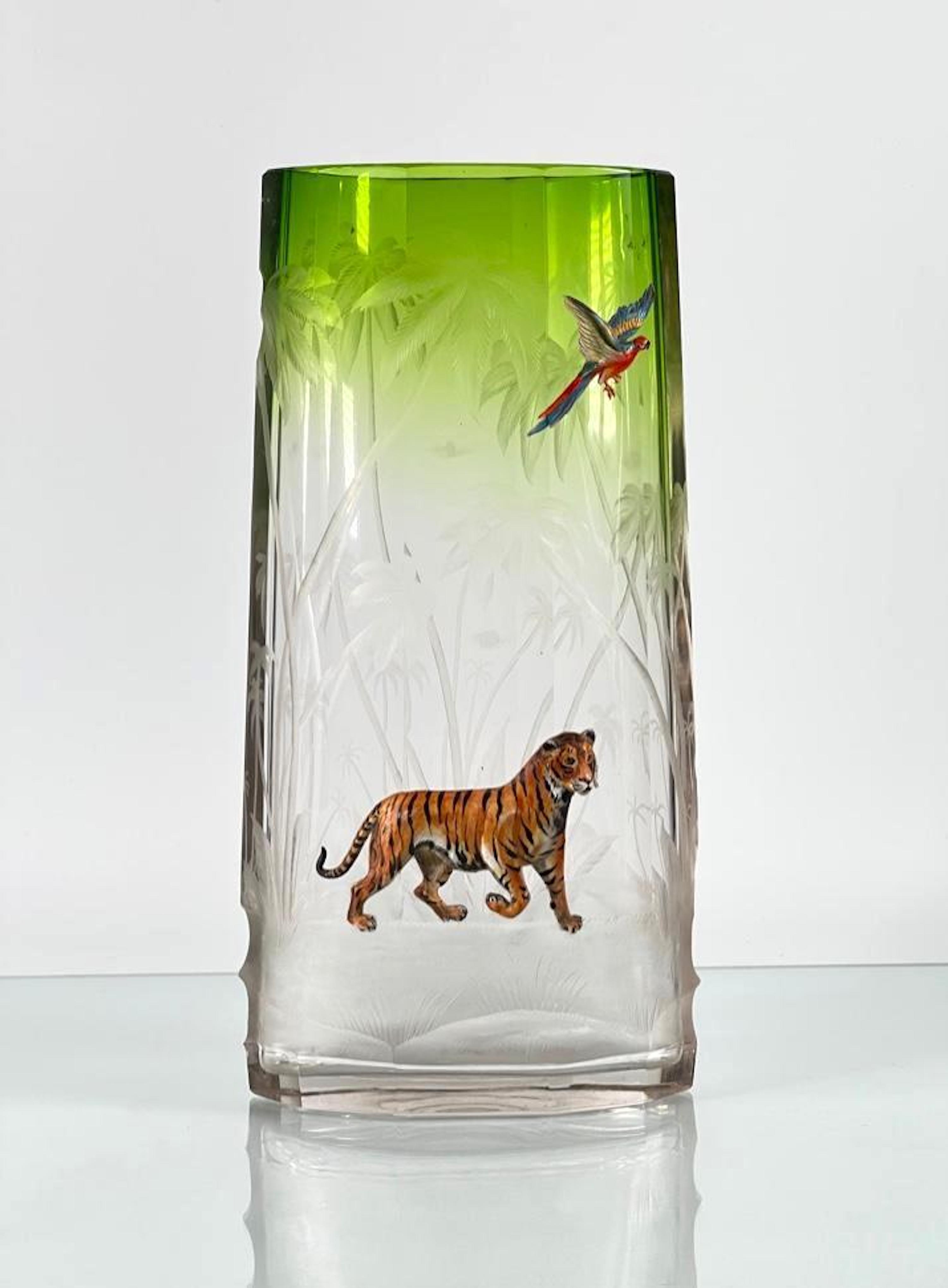 Circa-1890-1900 Moser vase with high relief sculpted enamel figures of a tiger and a parrot, est. $1,200-$1,800