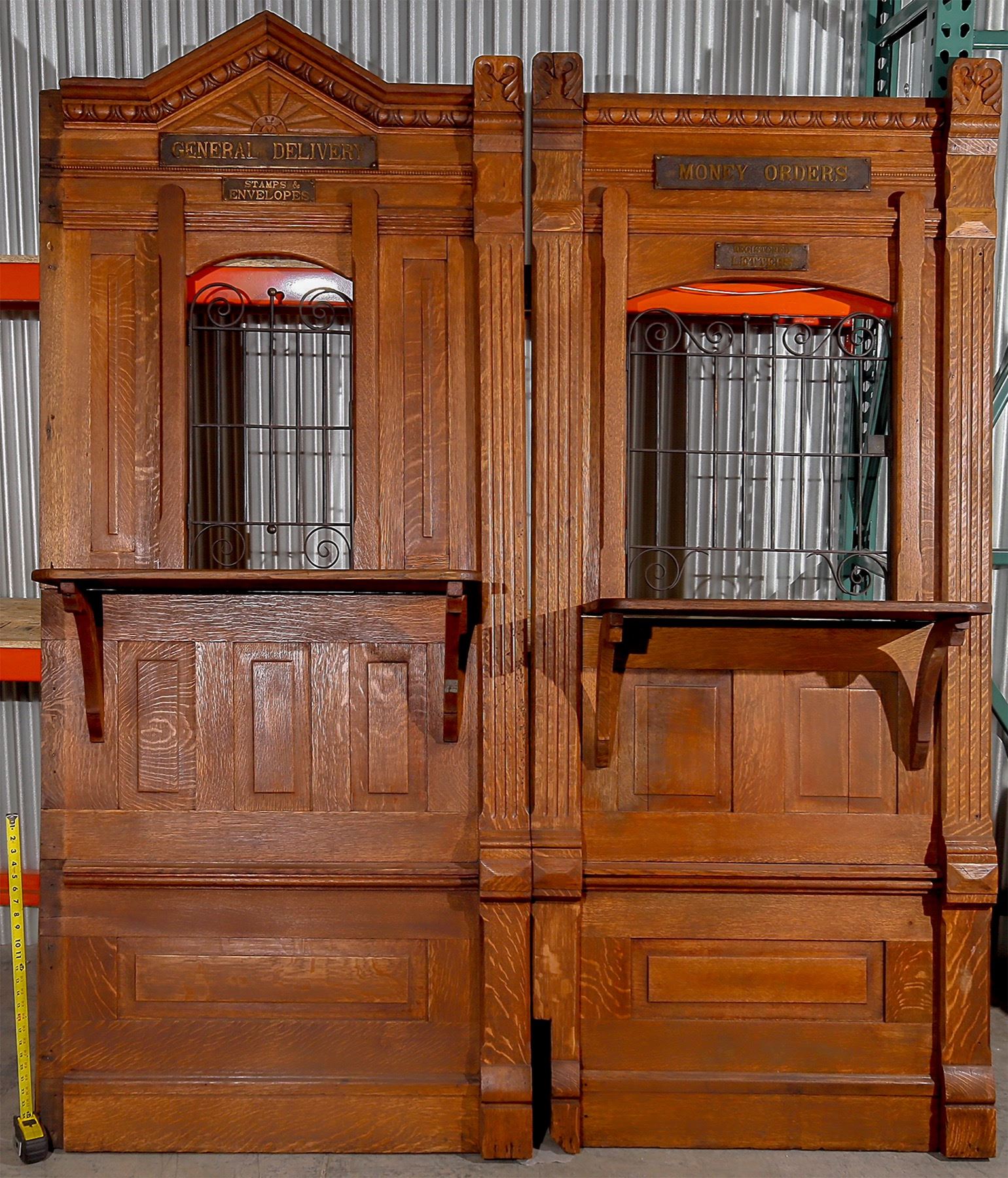 Circa-1890-1910 U.S. Post Office quartersawn oak business frontpieces, est. $2,500-$5,000