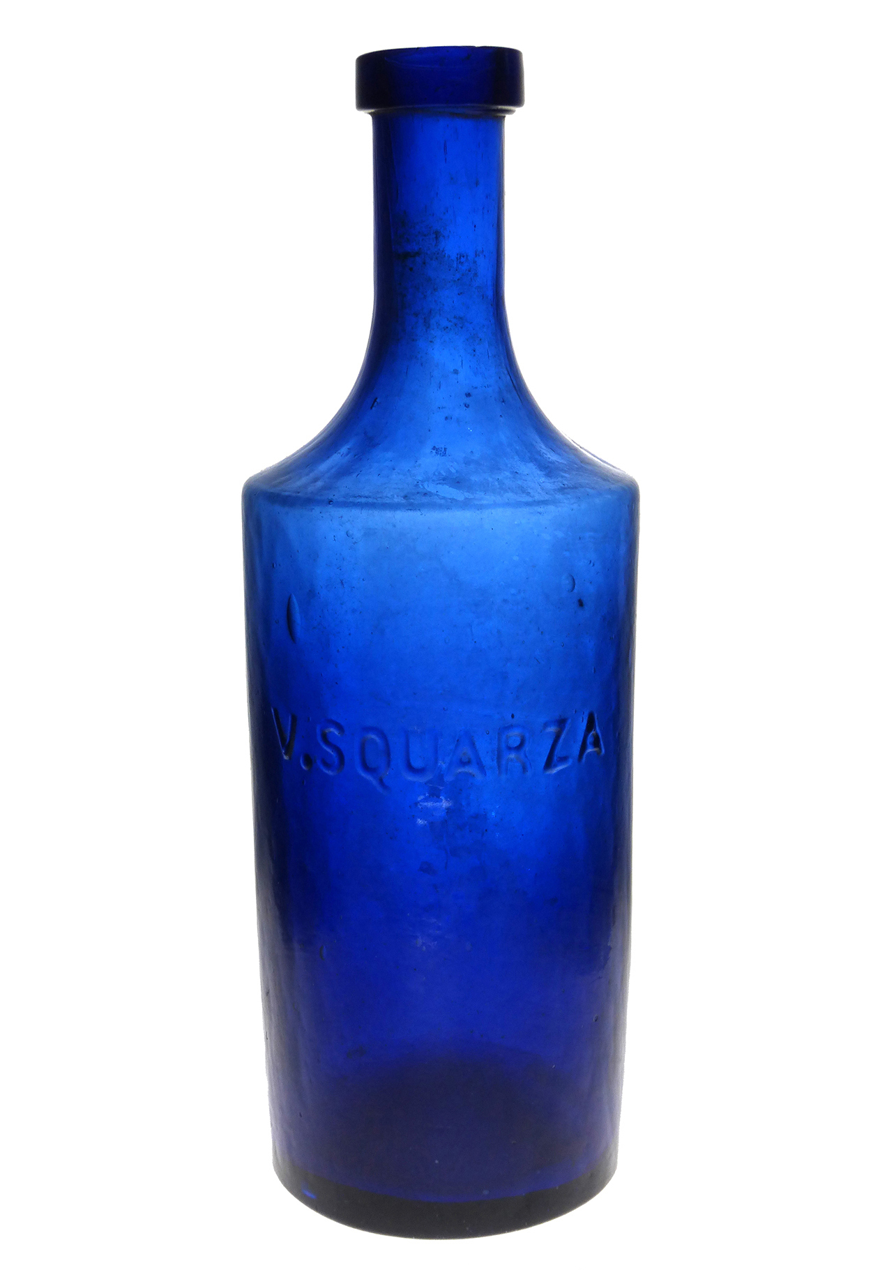 Circa-1860s Vincent Squarza blue glass medicine bottle, one of five known, and one of the many examples that will be on view at the 2022 National Antique Bottle Convention in Reno, Nevada, taking place from July 28-31. Image courtesy of the Federation of Historical Bottle Collectors (FOHBC).
