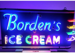 A Borden’s ice cream porcelain double-sided neon sign achieved $27,000 plus the buyer’s premium in March 2022. Image courtesy of Rockabilly Auction Company and LiveAuctioneers.