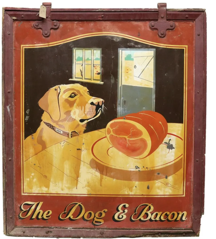 A double-sided sign for a longtime inn and pub in Horsham, The Dog & Bacon, brought $1,300 plus the buyer’s premium in November 2020. Image courtesy of Austin Auction Gallery and LiveAuctioneers.