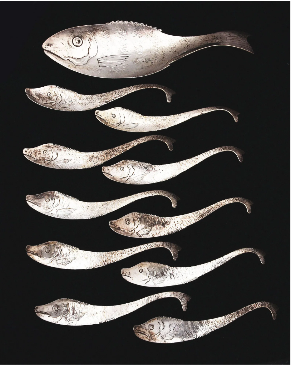 A set of sterling silver Gorham ice cream spoons in the forms of fish realized $5,000 plus the buyer’s premium in December 2021. Image courtesy of Dan Morphy Auctions and LiveAuctioneers.