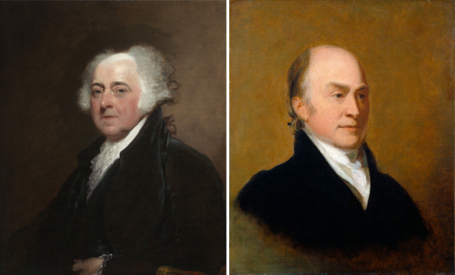 Left, Gilbert Stuart’s portrait of John Adams, rendered circa-1800-1815; Right, Thomas Sully’s 1824 portrait of John Quincy Adams. The father-and-son presidents and their wives, First Ladies Abigail Adams and Louisa Catherine Adams, will be the focus of a proposed Adams Presidential Center in Quincy, Massachusetts. Both images courtesy of Wikimedia Commons, sourced from the National Gallery of Art in Washington, D.C. The image of the Adams portrait is shared under the Creative Commons CC0 1.0 Universal Public Domain Dedication; Wikimedia Commons states the image of the John Quincy Adams portrait is considered to be in the public domain in the United States.